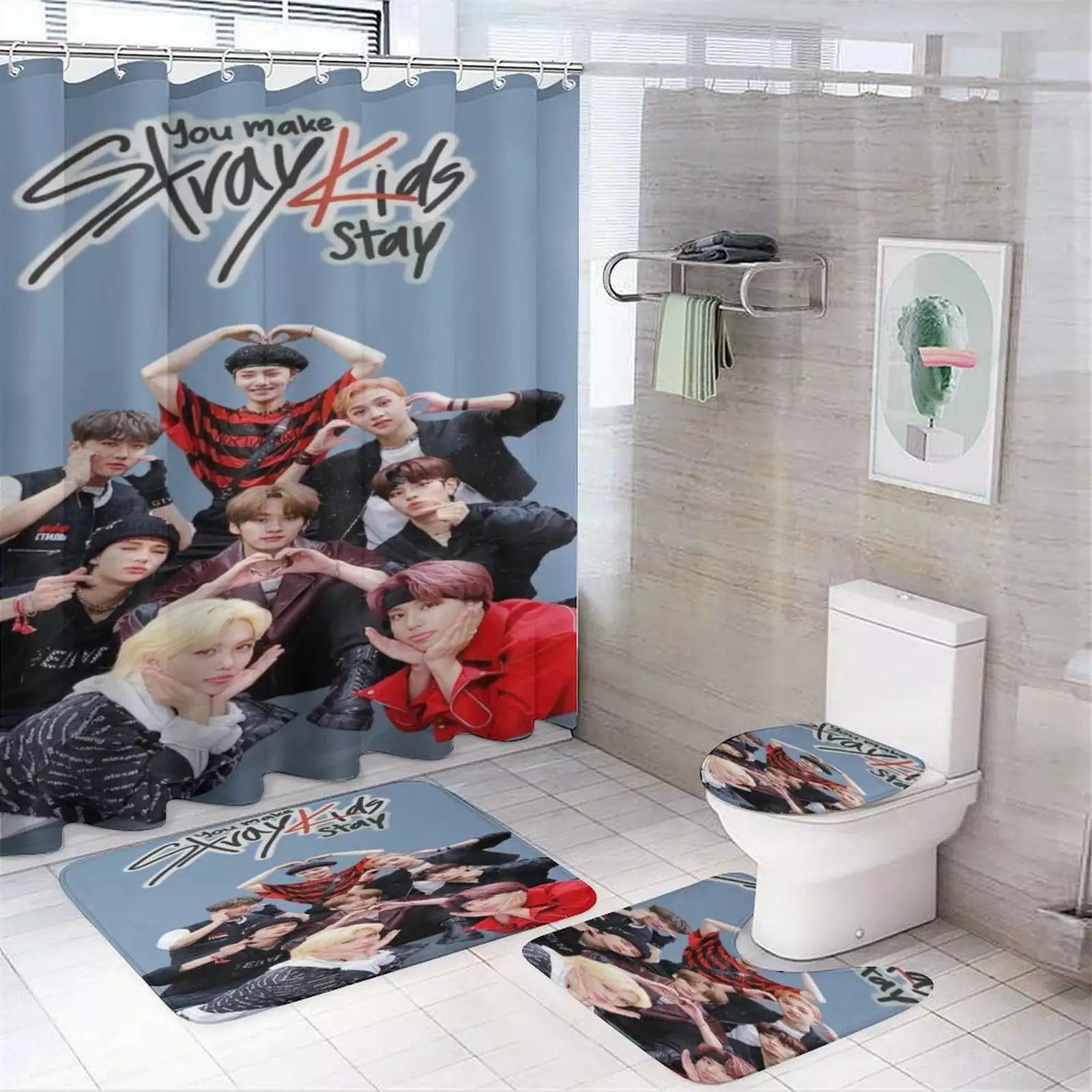 4PCS Stray Kids Shower Curtain Sets Bathroom Sets Shower Curtain Toilet Lid Rug Contour Mat and Bath Mat Kbozyqu