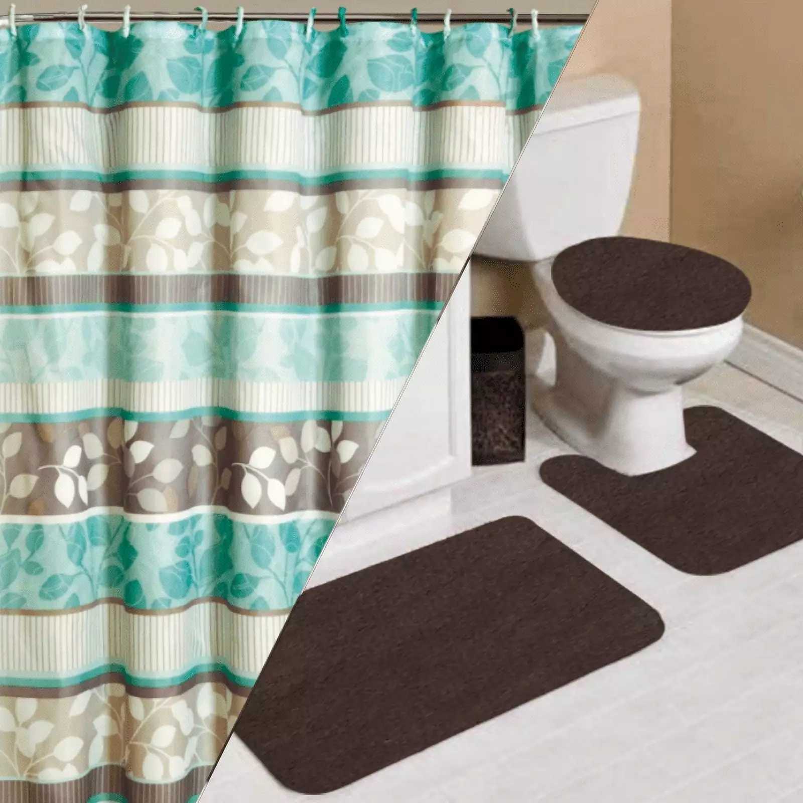 16PC Zen Brown Complete Bathroom Mat Shower Curtain Hooks Set Modern Home Decor SAMIMPORT-2011
