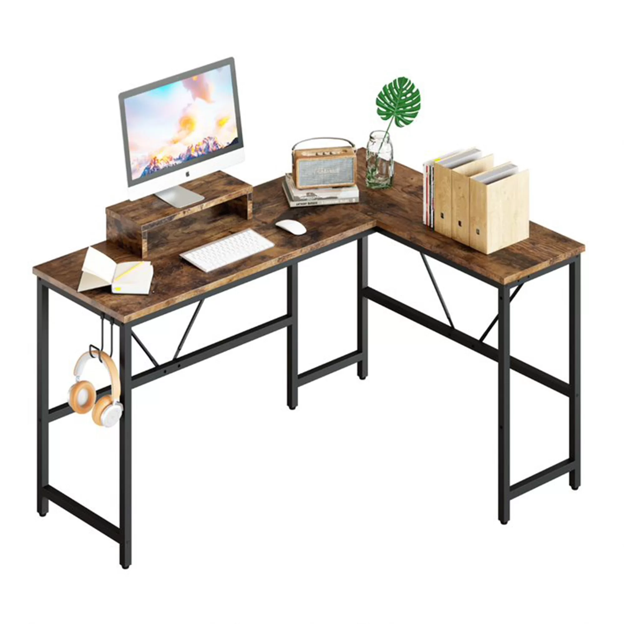 Bestier L Shape Reversible Computer Desk Monitor Stand and Headset Hook, Walnut