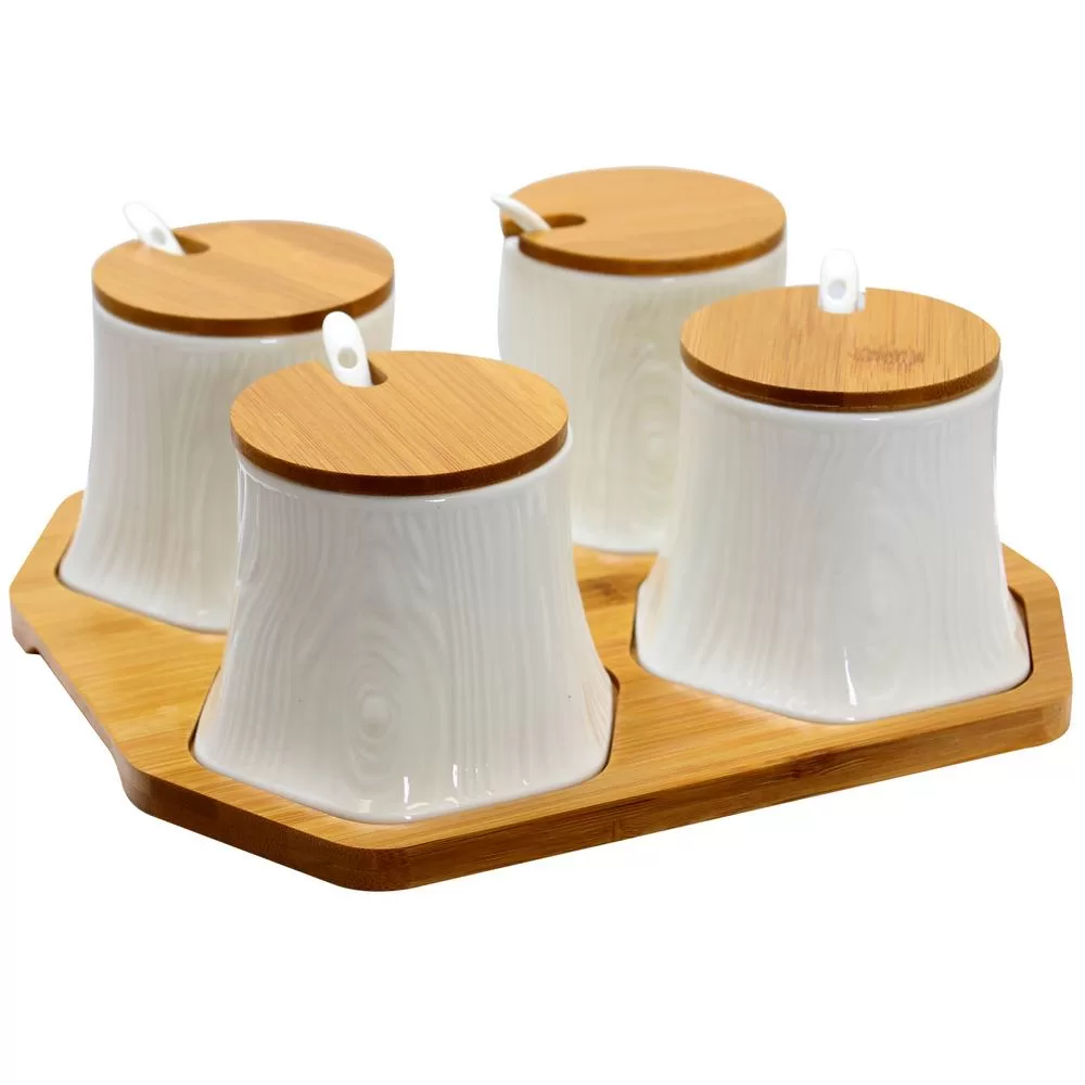 Elama Ceramic Condiment Jars Bamboo Lids and Serving Spoons