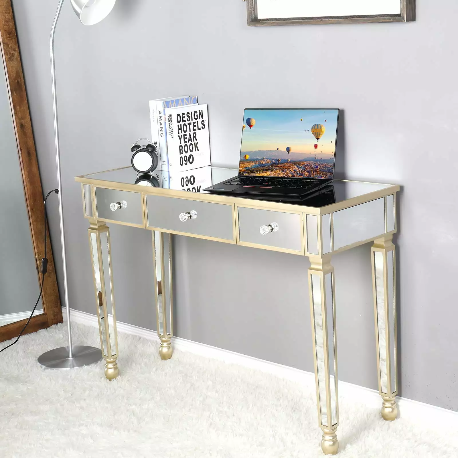 Zimtown Mirrored Console Table Vanity Table Makeup Dressing Table 3 Drawers Modern Writing Desk Bedroom Bathroom Home Offi...