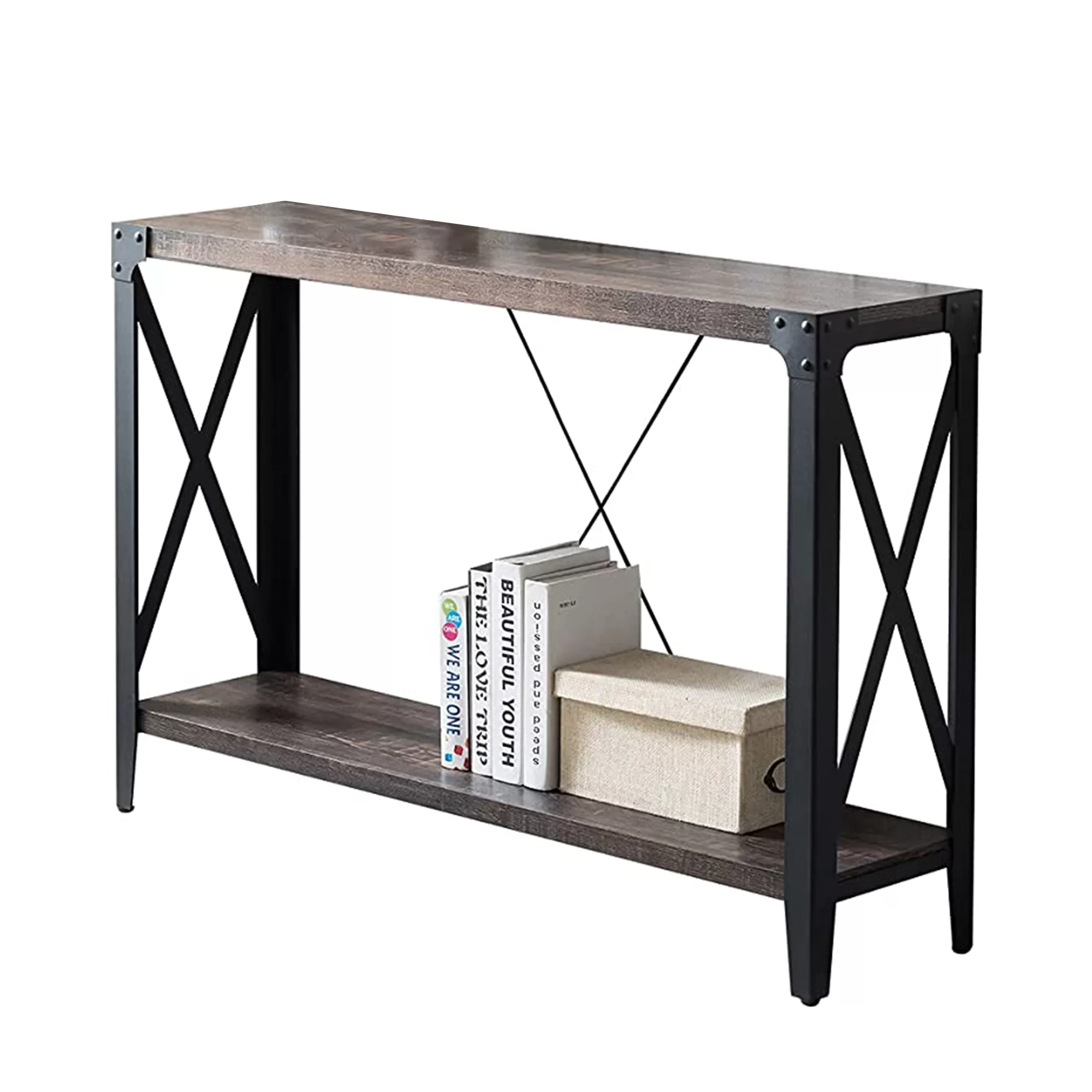 OKD 46 Inch 2-Tier Console Sofa Hallway Entryway Accent Table Dark Rustic Oak