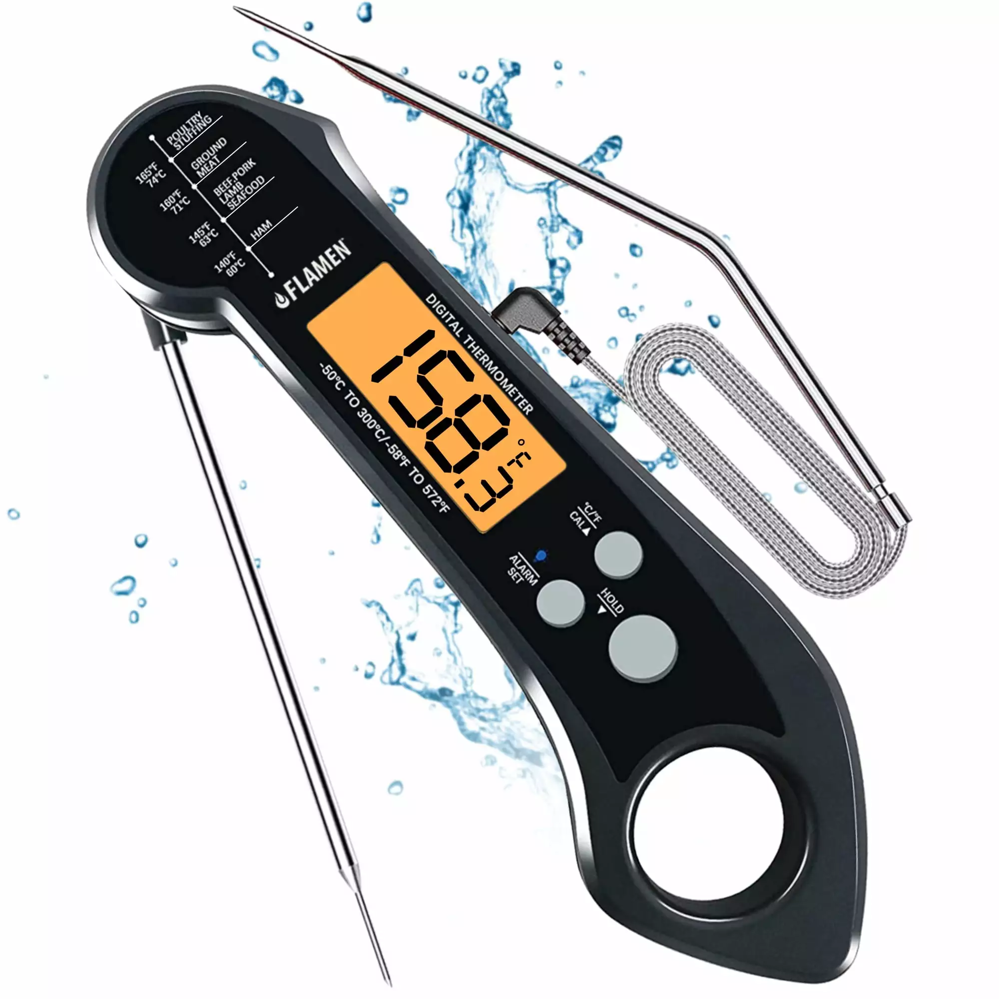Flamen Digital Meat Thermometer 2 in1 Dual Probe Food Thermometer Backlight Temperature Alarm Waterproof