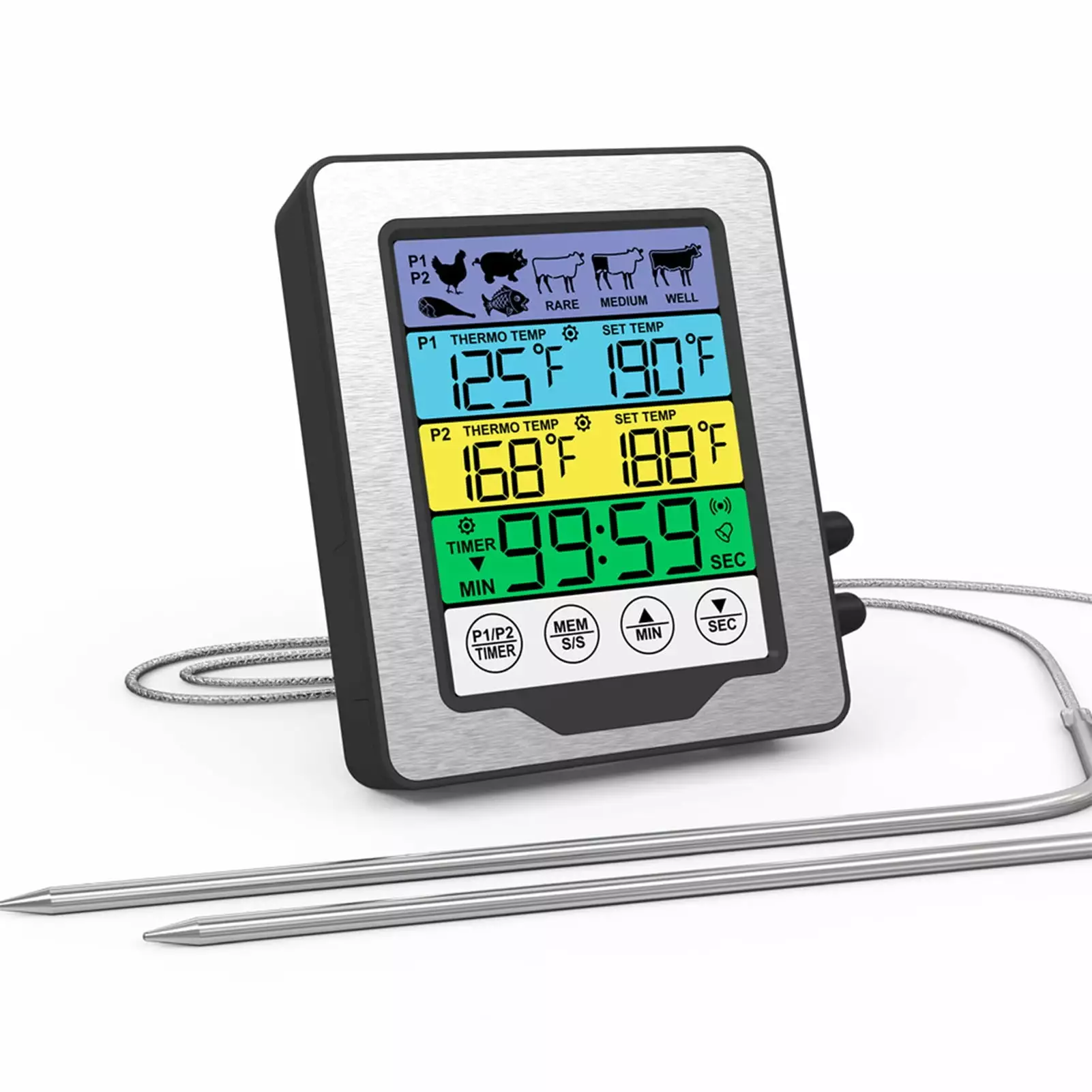 OWSOO Digital Meat Thermometer Dual Probes and 7 Preset Temperatures Grilling and Smoking