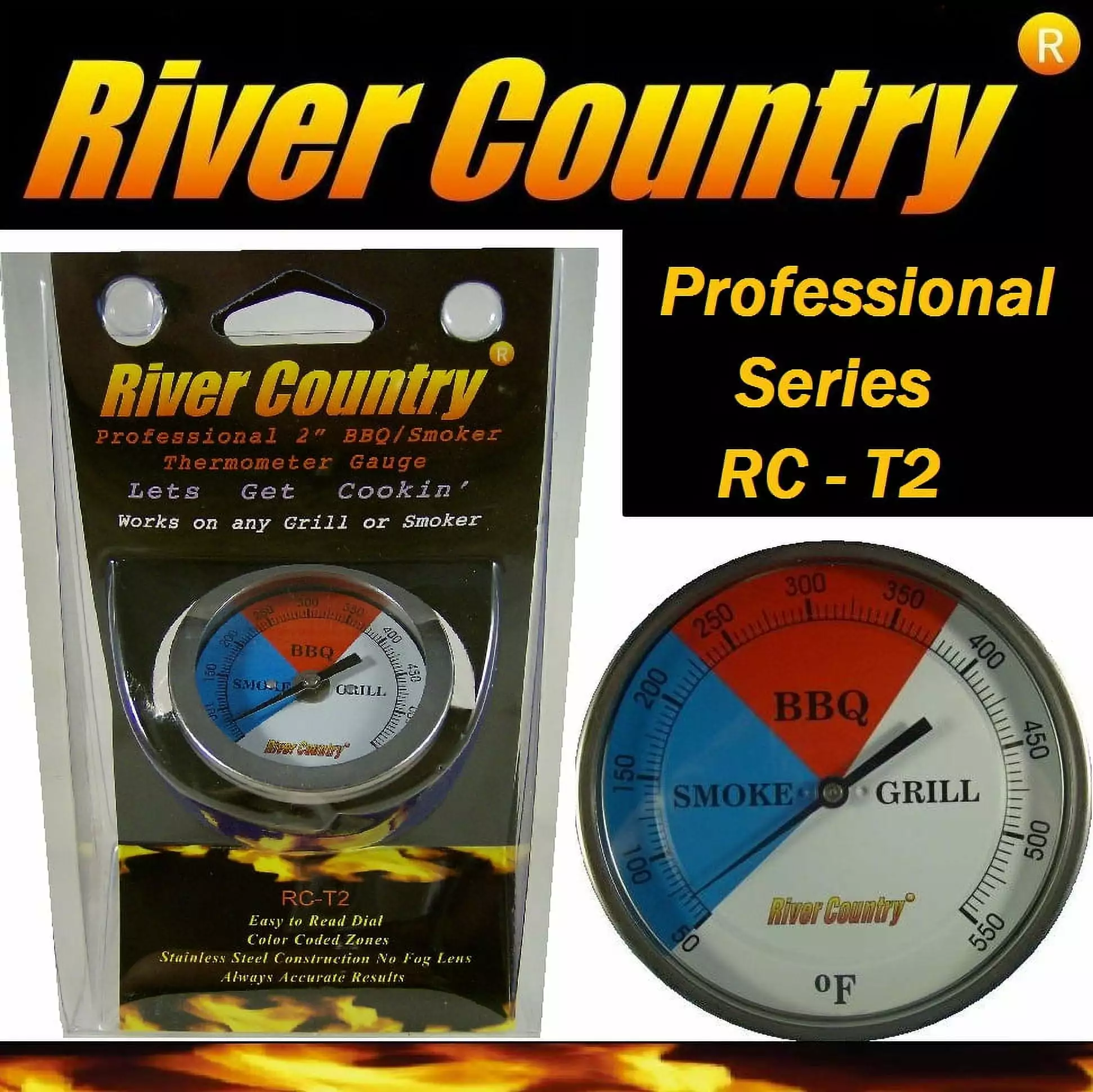 River Country 2 Color Coded BBQ Grill Smoker Thermometer