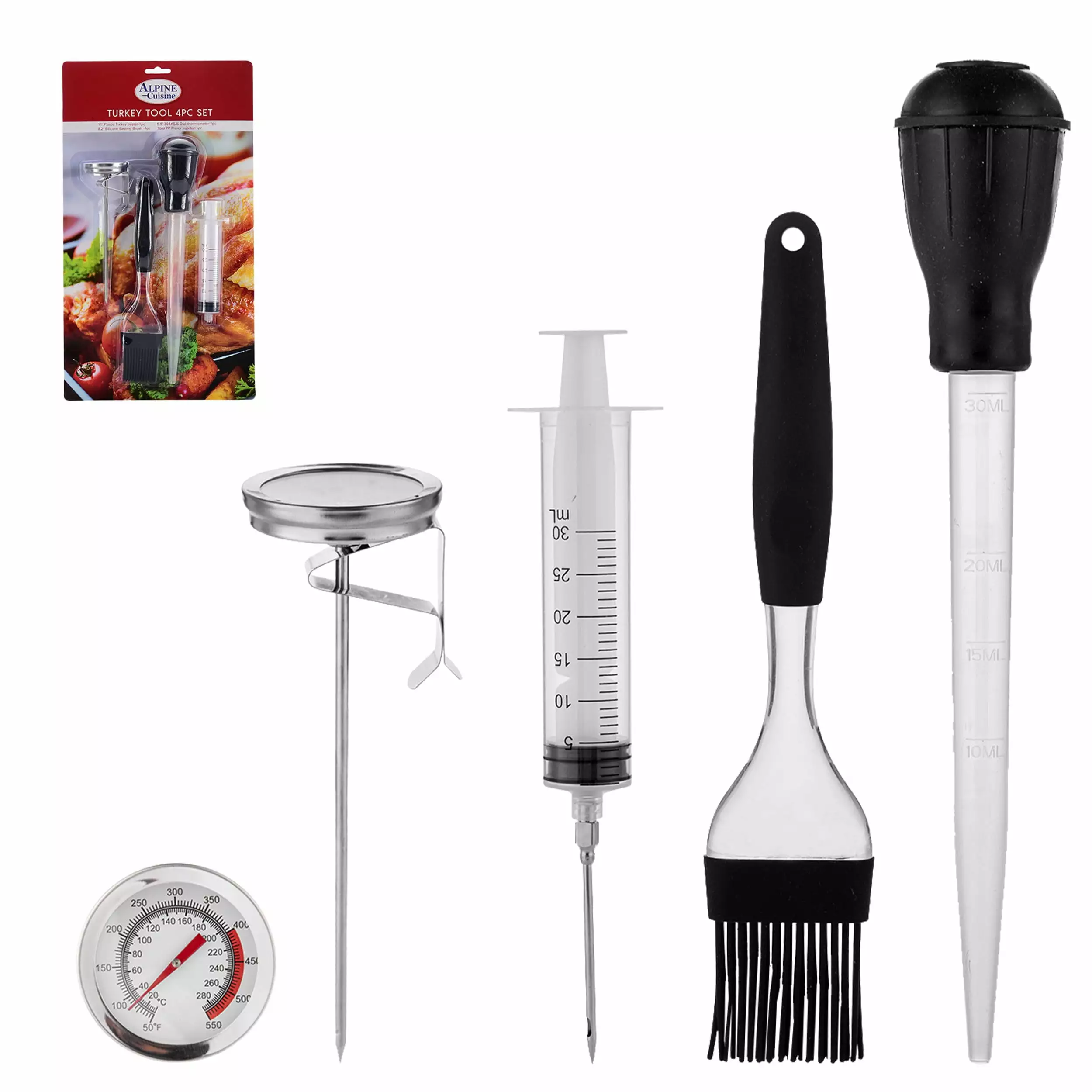 Alpine Cuisine Turkey Tool 4 Pc Set Meat Thermometer Marinade Brush Turkey Baster BBQ Injector Easy To Clean Long-lasting ...