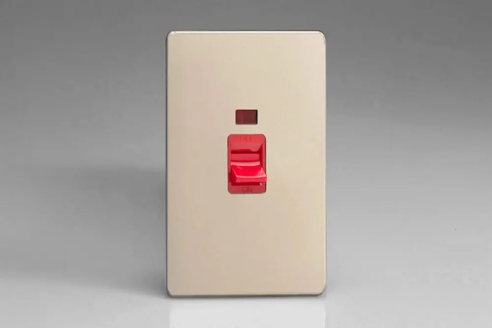 Varilight XDN45NS Screwless Satin Shiny metal 45A DP Cooker Switch Vertical Twin Plate + Neon