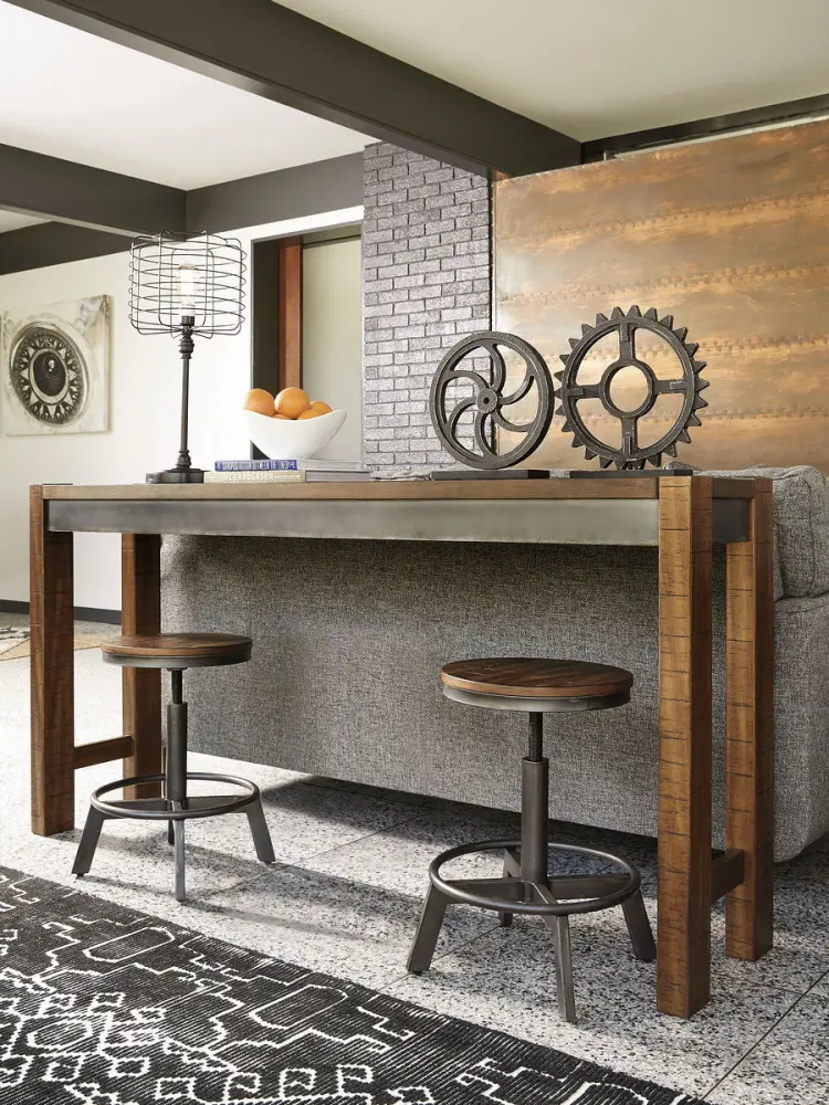 Torjin - 3 Pc. - Long Counter Table, 2 Stools - Dark Chocolate