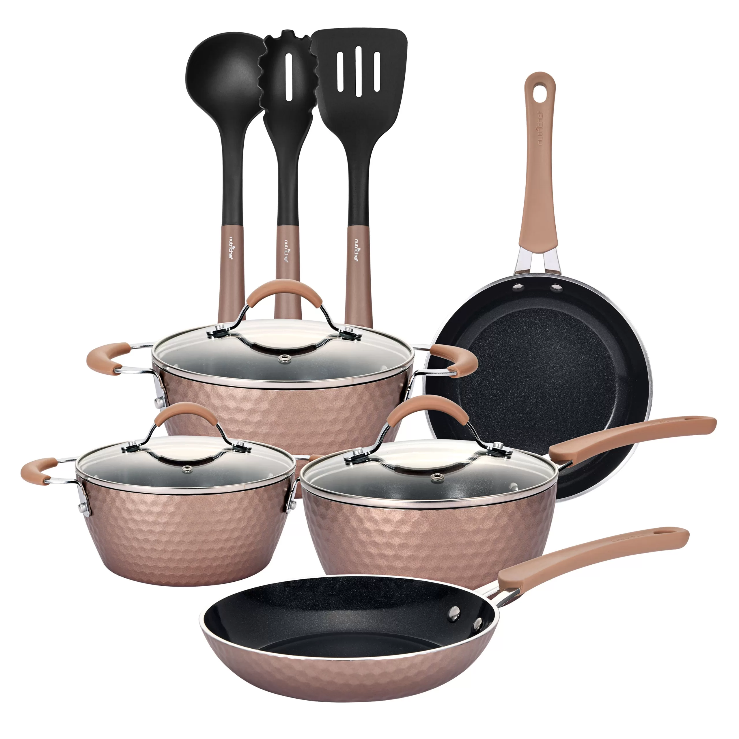 NutriChef 11 Piece Nonstick Diamond Pattern Kitchen Cookware Set Allura Bronze
