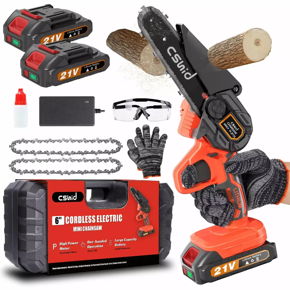 2024 Upgrade 6-Inch Mini Chainsaw Cordless 2 Batteries and 2 Chains - Handheld Small Chainsaw Security Lock Wood Cutting -...