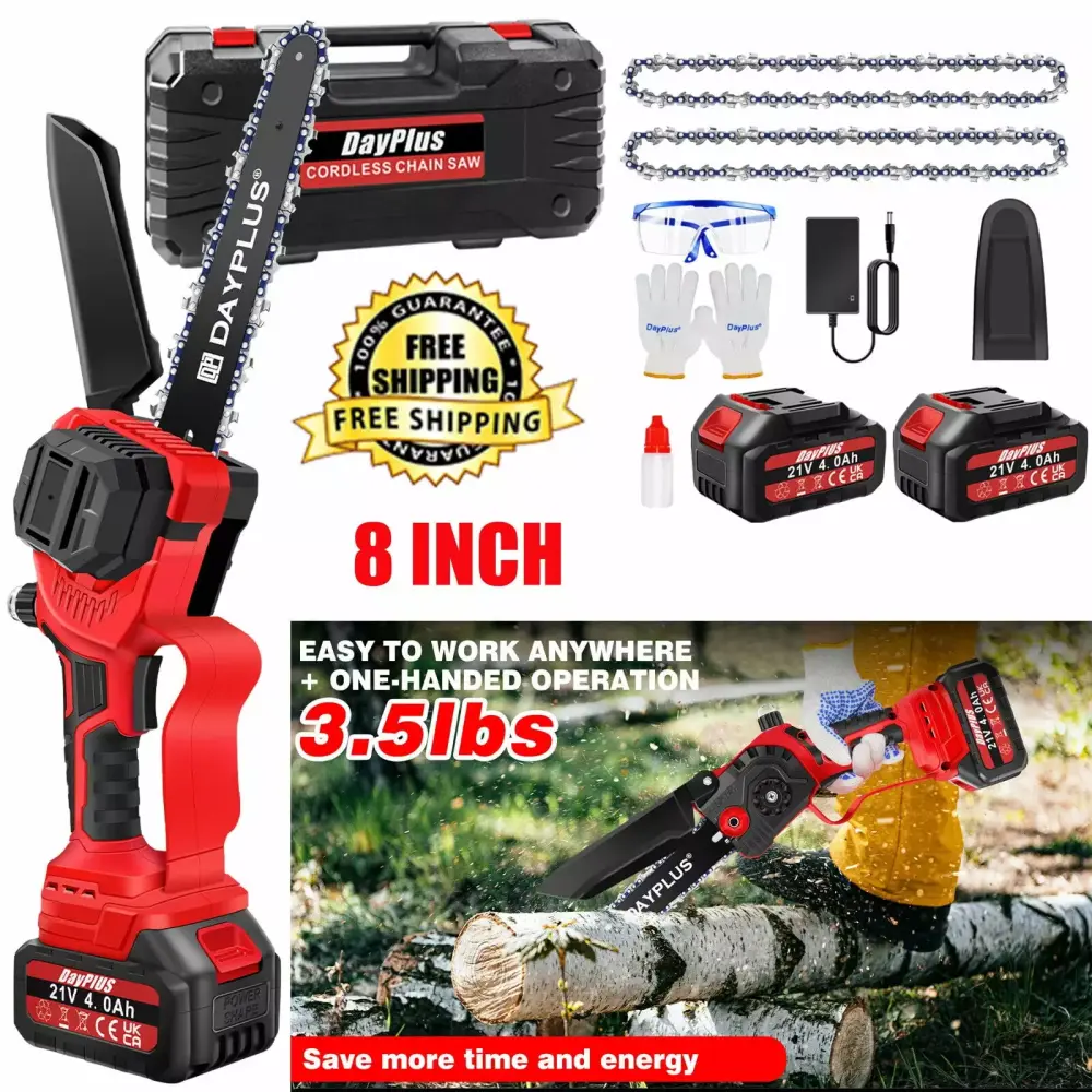 21V 8-Inch Brushless Cordless Chainsaw Handheld Travel-Friendly Branch Wood Cutter 2 Batteries Cordless