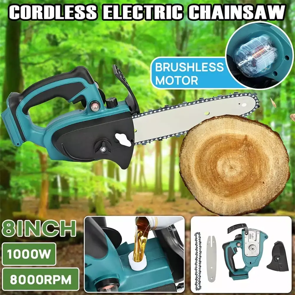 ALLTIMES 1000W 8 Inch Brushless Cordless Electric Chainsaw Makita 18V Battery Automatic Oil Output