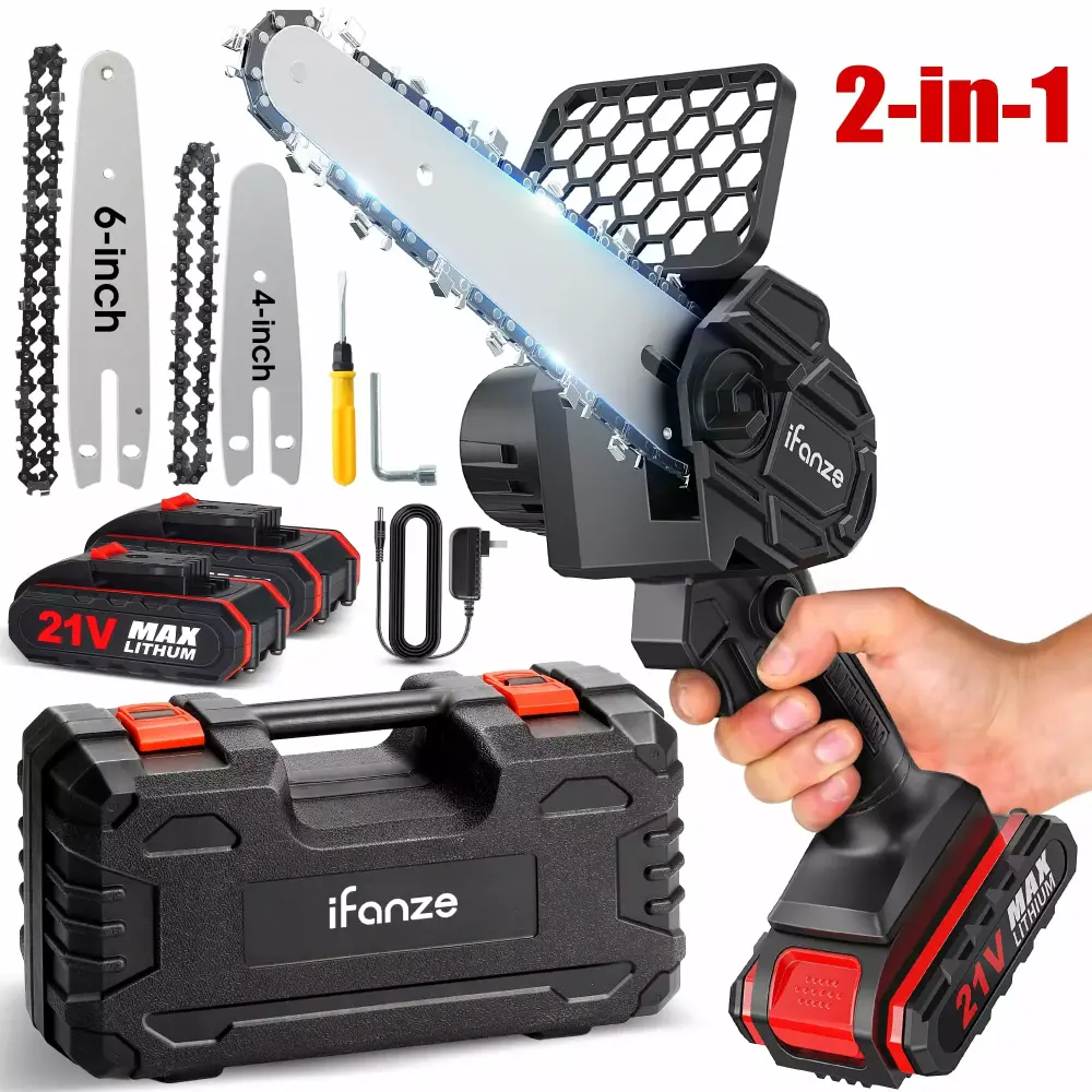 iFanze Mini Chainsaw - 4 & 6-Inch Cordless Small Chain Saw 2 Batteries and Security Lock Tree Pruning and Wood Cutting