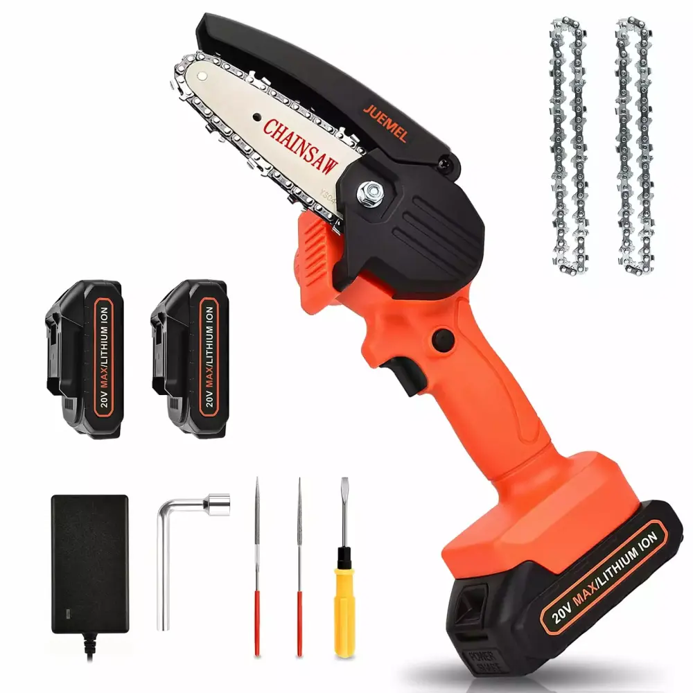 JUEMEL Mini Chainsaw 2 Batteries - 20-Volt 4-Inch Travel-Friendly Cordless Chain Saw Wood Cutting and Tree Trimming 1