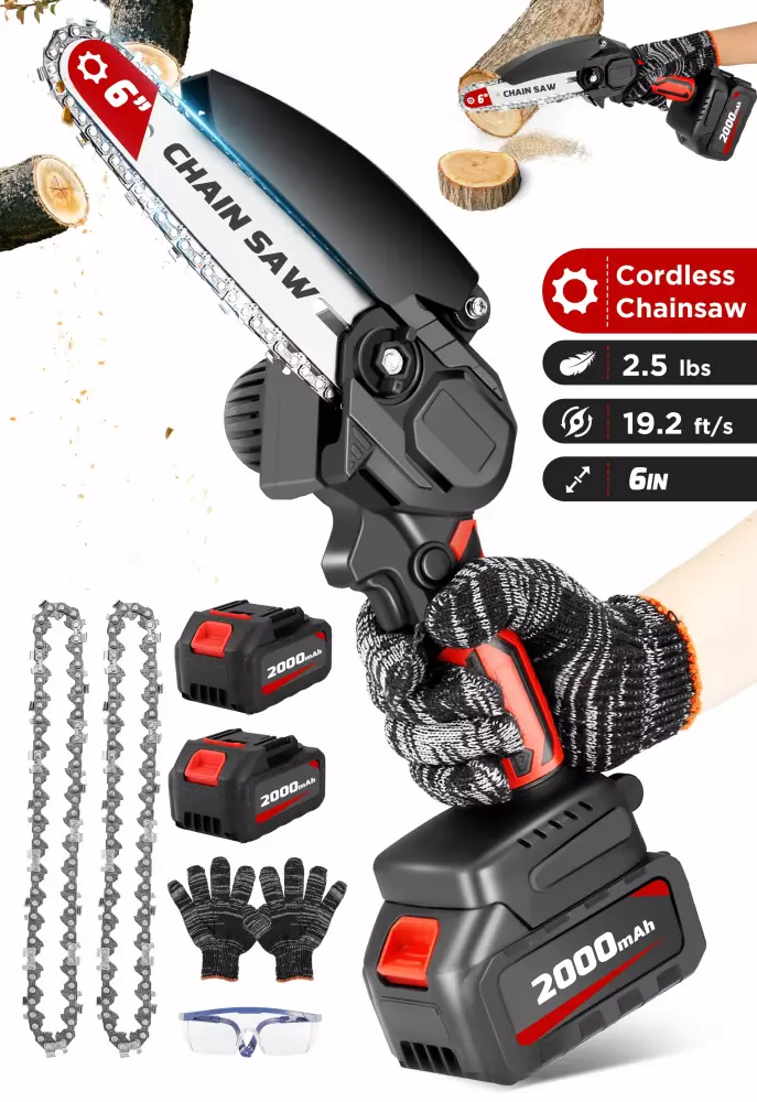 RELOIVE 6 Inch Mini Chainsaw 2x2000mAh Batteries - Cordless Handheld Chain Saw Wood Cutting and Tree Trimming