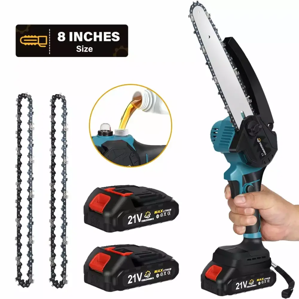 VIOLEWORKS 8-inch Electric Cordless Chainsaw Rechargeable Battery Power Auto-Oil System Trimming and Cutting