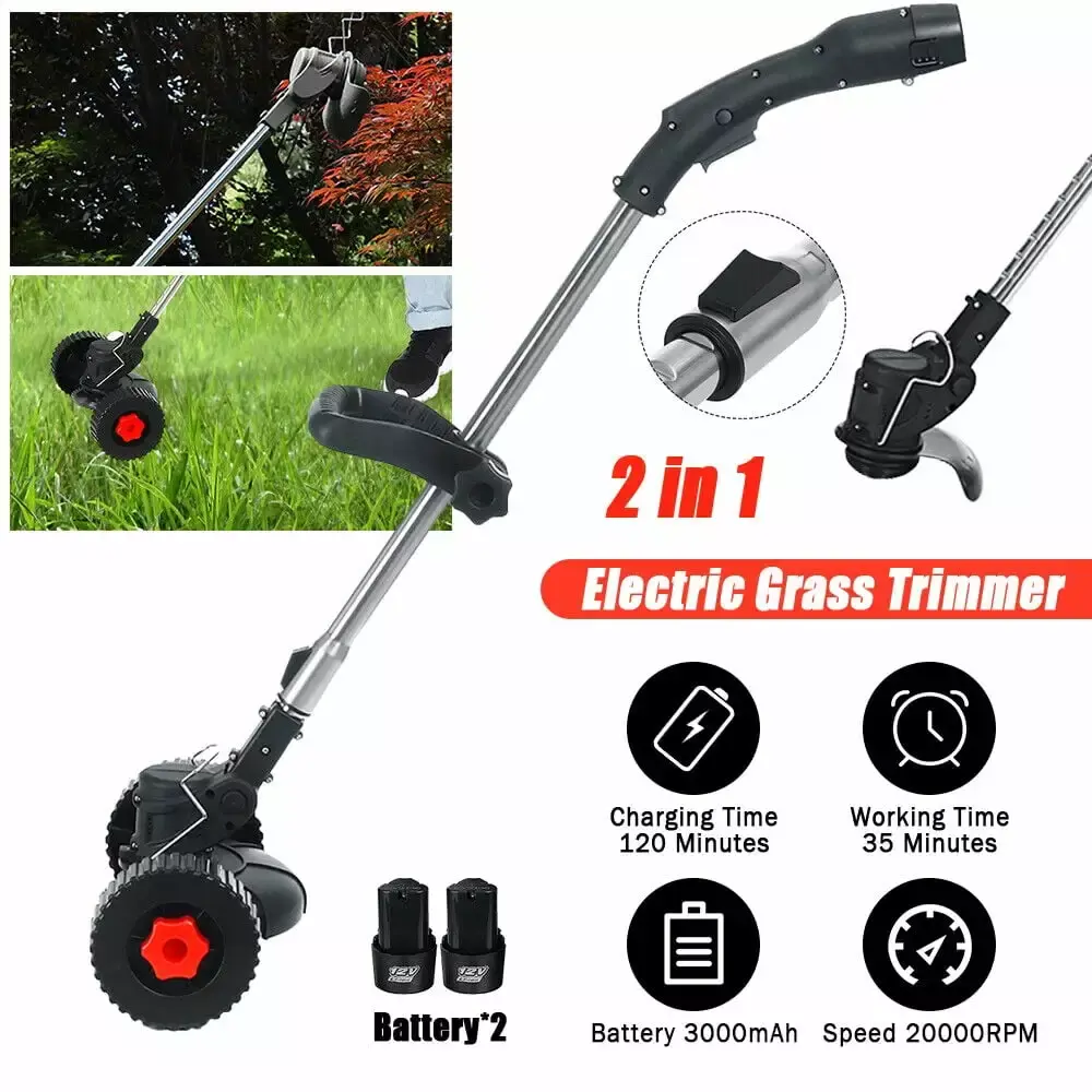 YouLoveIt Cordless Weed Wacker Electric Weed Eater Adjustable Handle 12V/24V 2 Battery 1 Charger