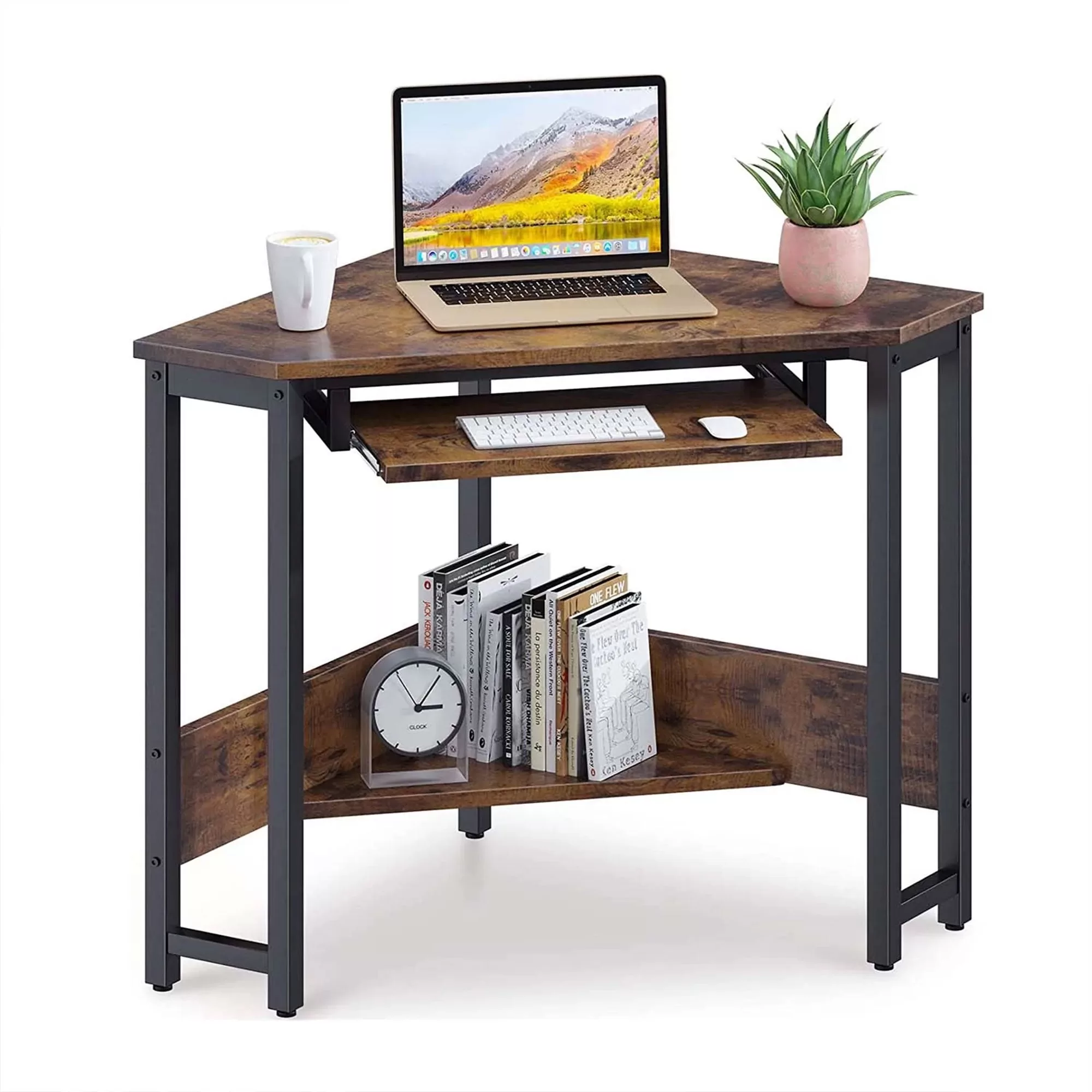 ODK Corner Triangle Computer Desk and Storage Space Keyboard Tray Rustic Brown