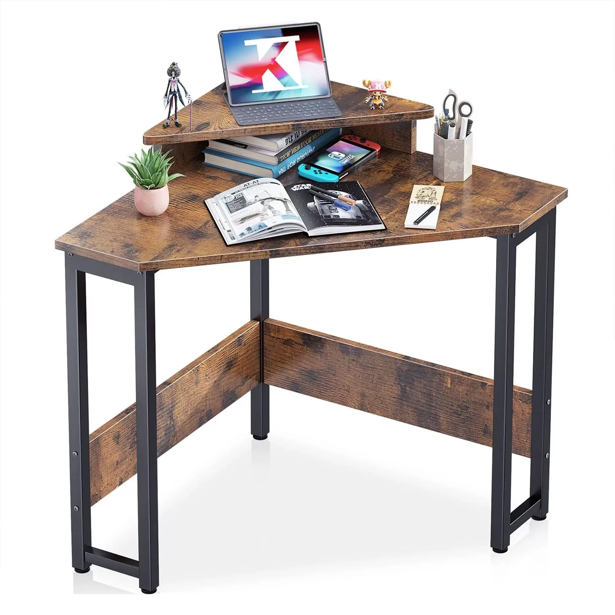 ODK Modern Triangle Corner Computer Writing Desk and Monitor Stand Rustic Brown