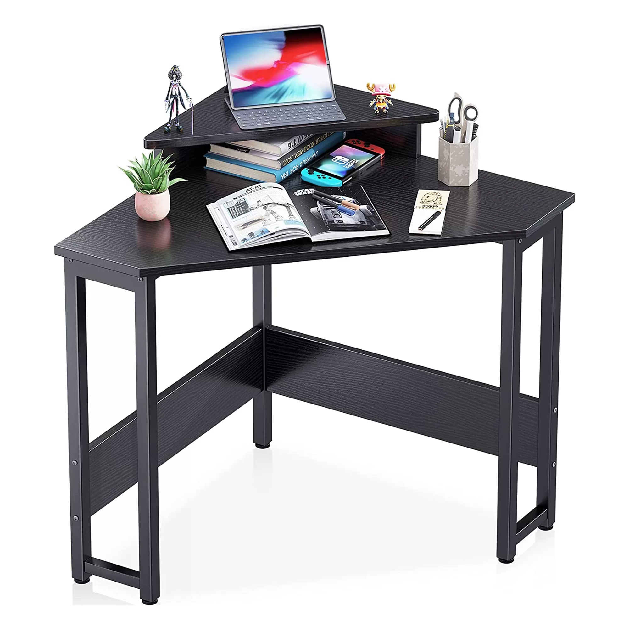 ODK Modern Triangle Corner Computer Writing Desk and Raised Monitor Stand Black