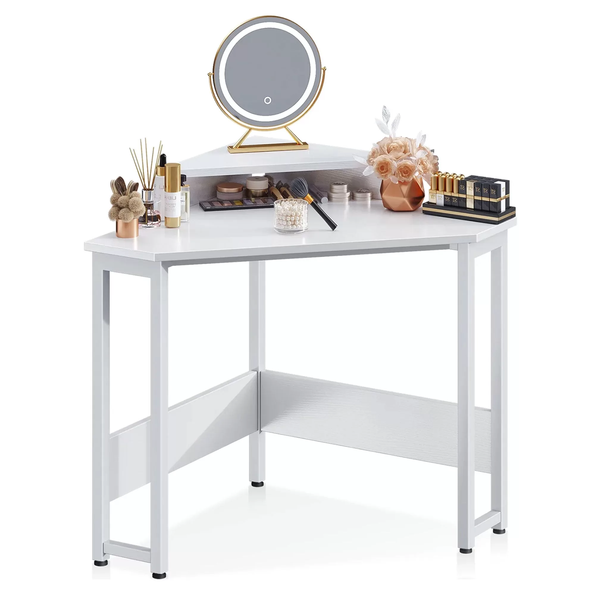 ODK Modern Triangle Corner Computer Writing Desk and Raised Monitor Stand White