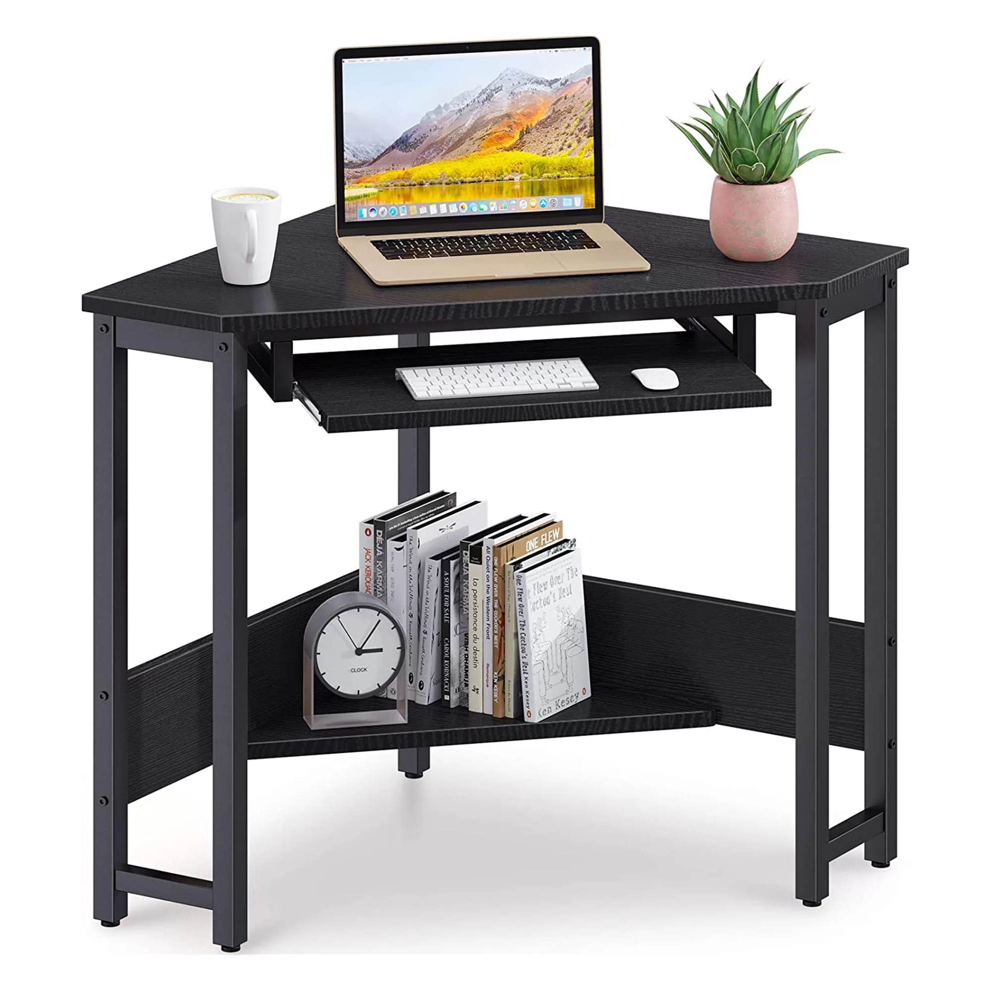ODK Modern Triangle Corner Computer Writing Desk and Smooth Keyboard Tray Black