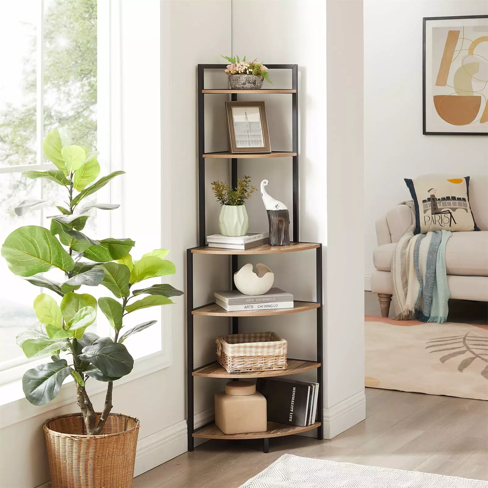 6-Tier Corner Open Shelf Modern Narrow Bookcase Storage Rack Freestanding Shelving Unit Living Room Office HeroicLion