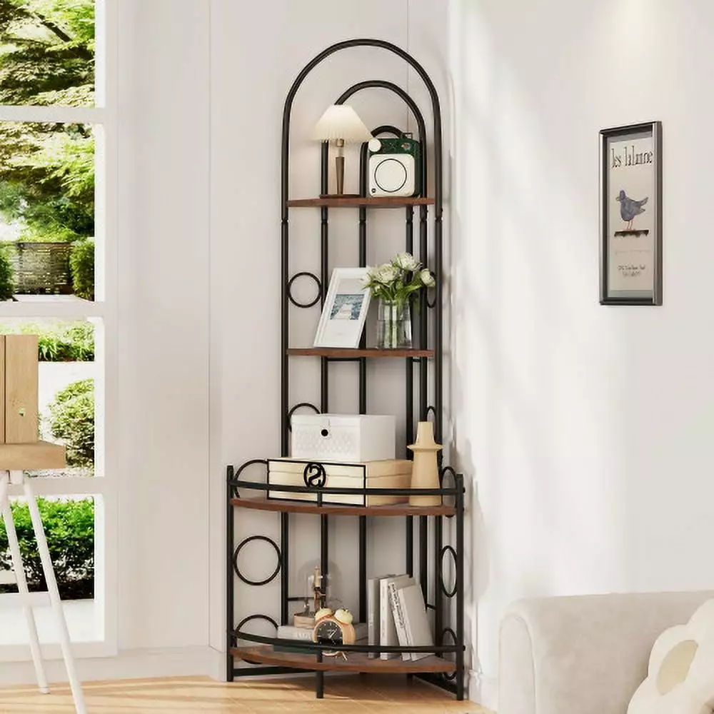 4-Tier Corner Shelf Bookshelf Storage Shelves Metal Frame Rustic Brown YASI