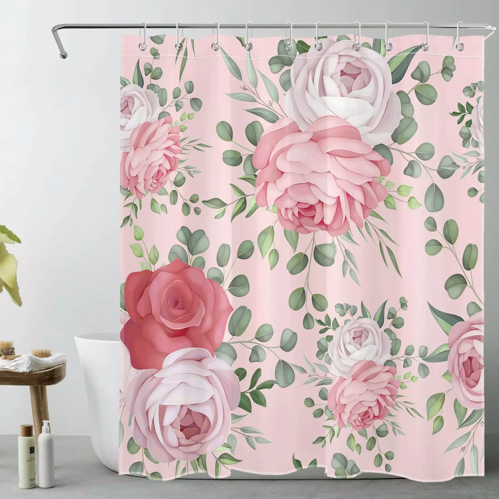 HVEST Red and Pink Floral Shower Curtain Flower Sage Green Eucalyptus Leaf Country Plant Nature Aesthetic Bathroom Decor 6...