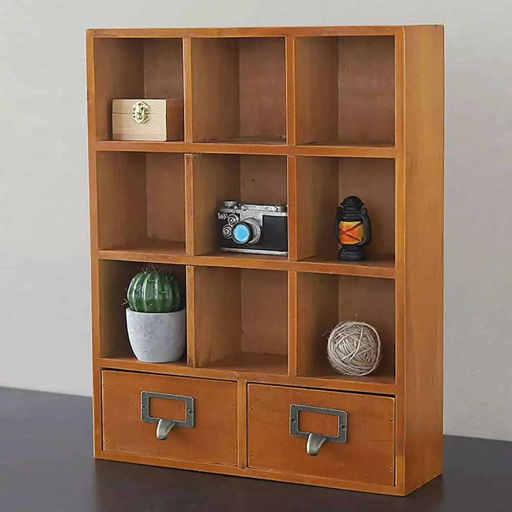 Miumaeov 9-Cube Display Shelf Wooden Bookcase - Desktop Storage 2 Drawers Brown