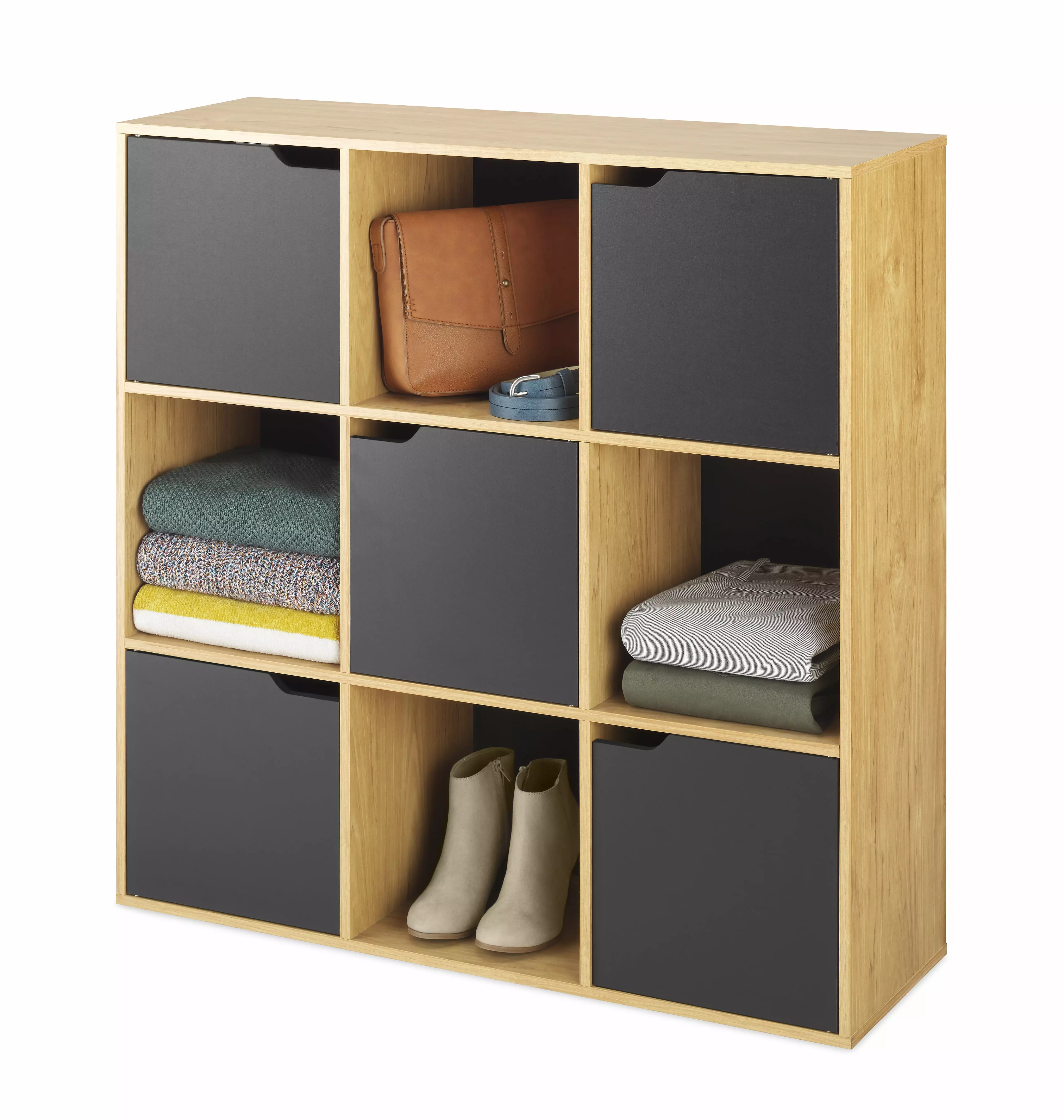 Whitmor 9-Section Cube Arranger Bookcase Honey & Black Particleboard and MDF
