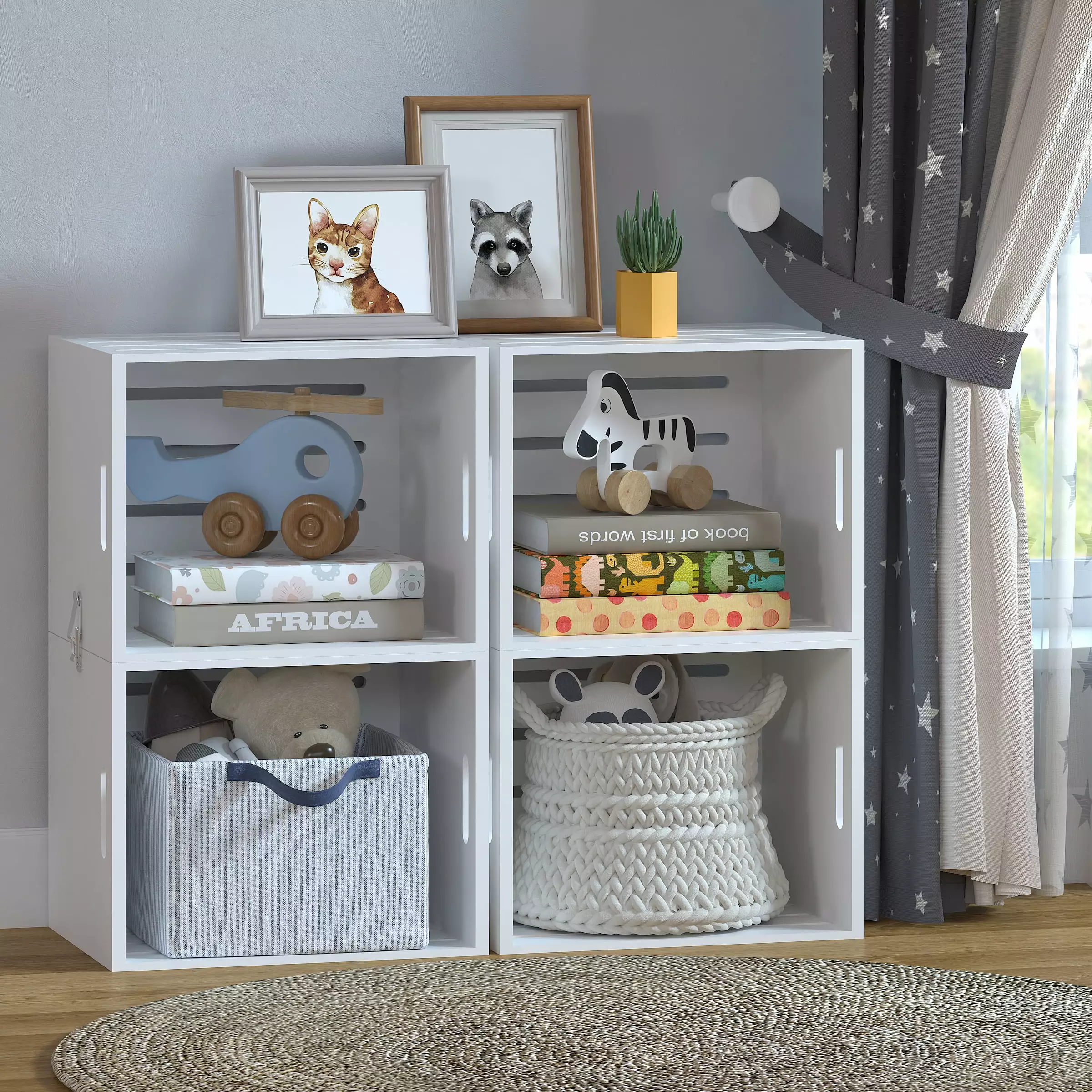 Yoneston Adjustable 4 Cube Kids Bookcase and Toy Storage Organizer Playroom and Bedroom White