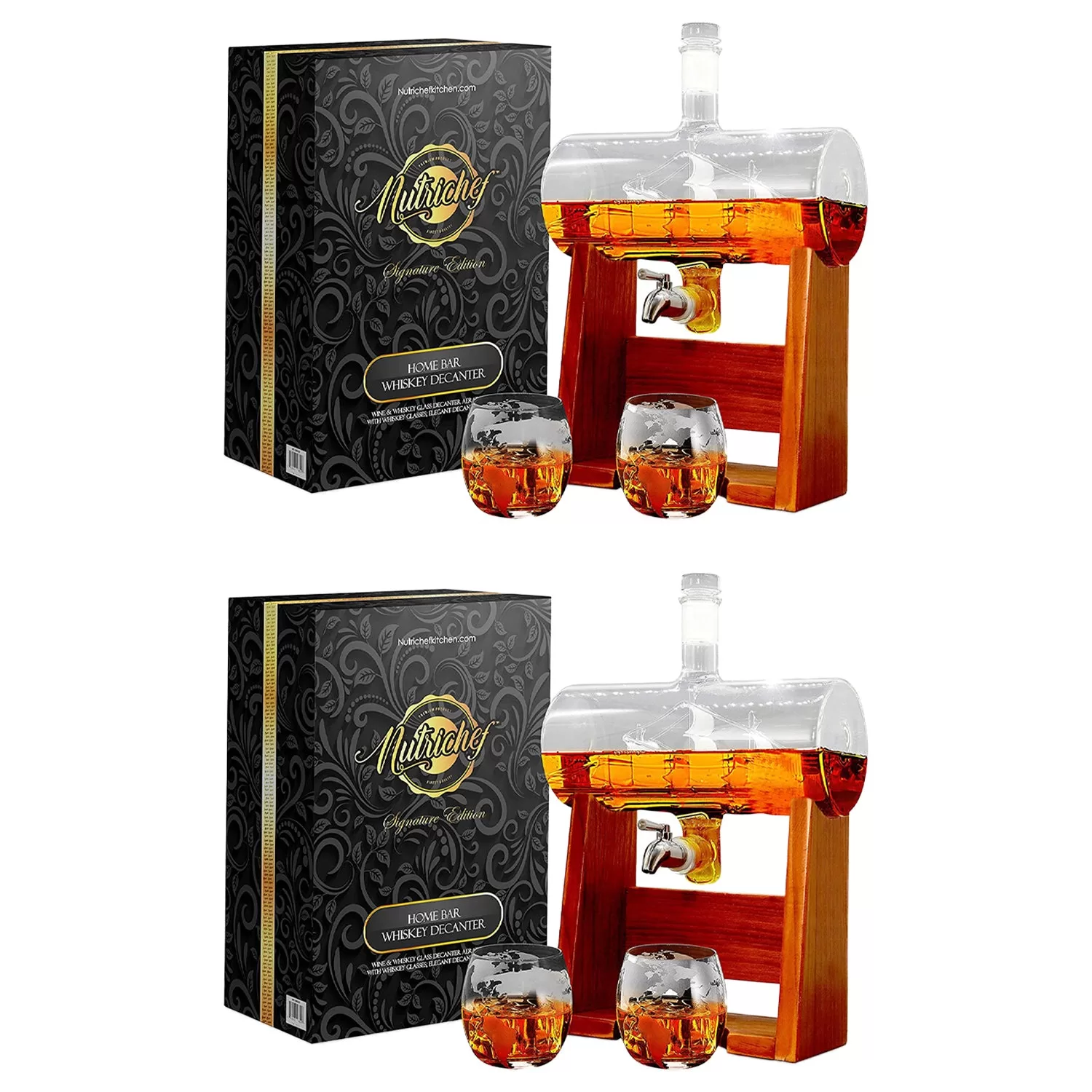NutriChef Home Bar Glass Barrel Whiskey Carafe Alcohol Decanter Set 2 Pack