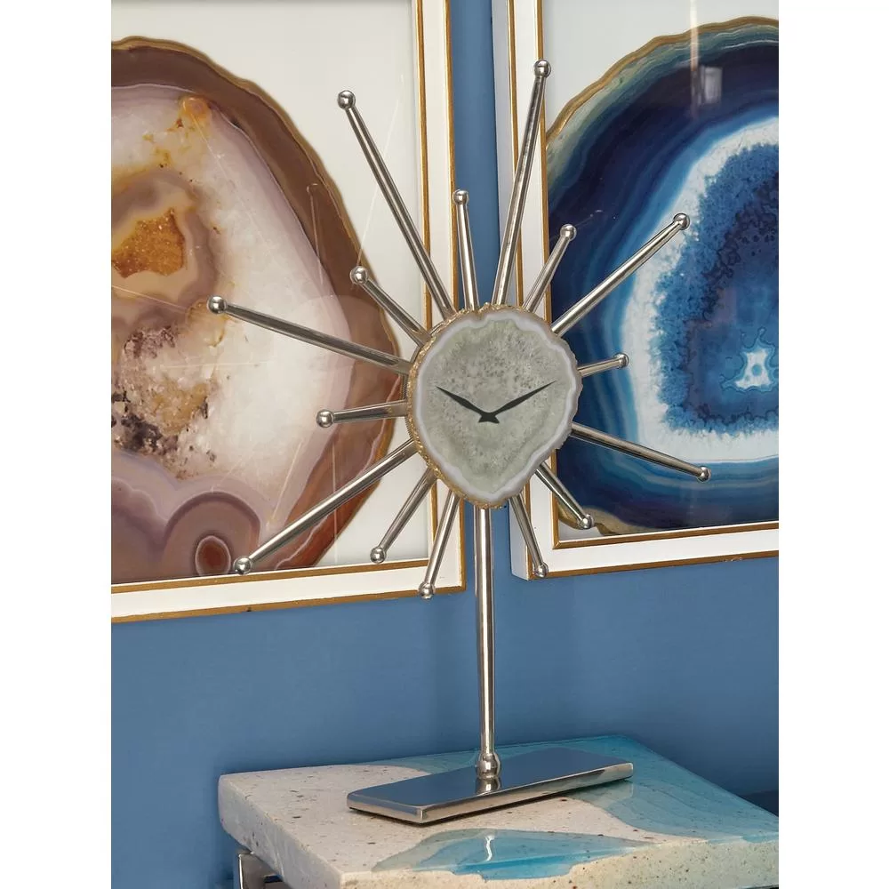 LITTON LANE Silver Agate Stone and Aluminum Star Sculpture Clock Gold and Green Highlights