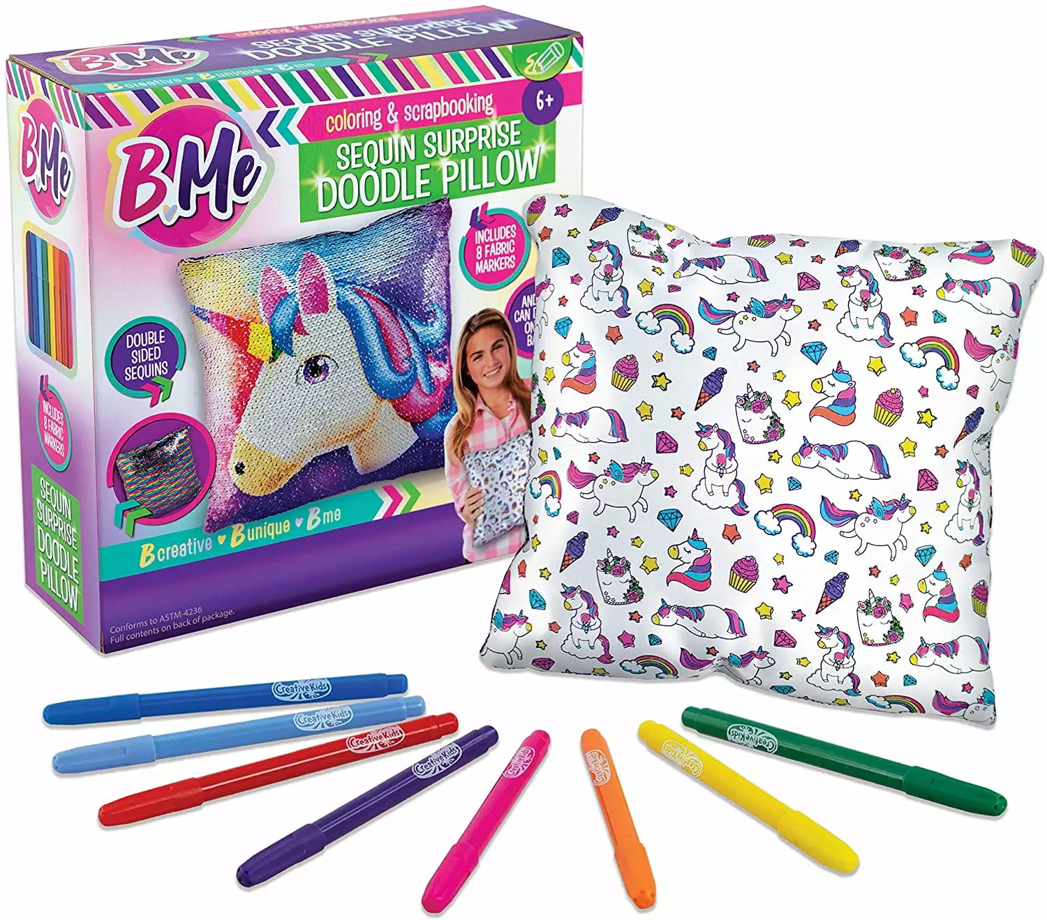Creative Kids Sequin Unicorn Pillow Reversible Double Sided Rainbow Doodle Sequined Pillow Markers