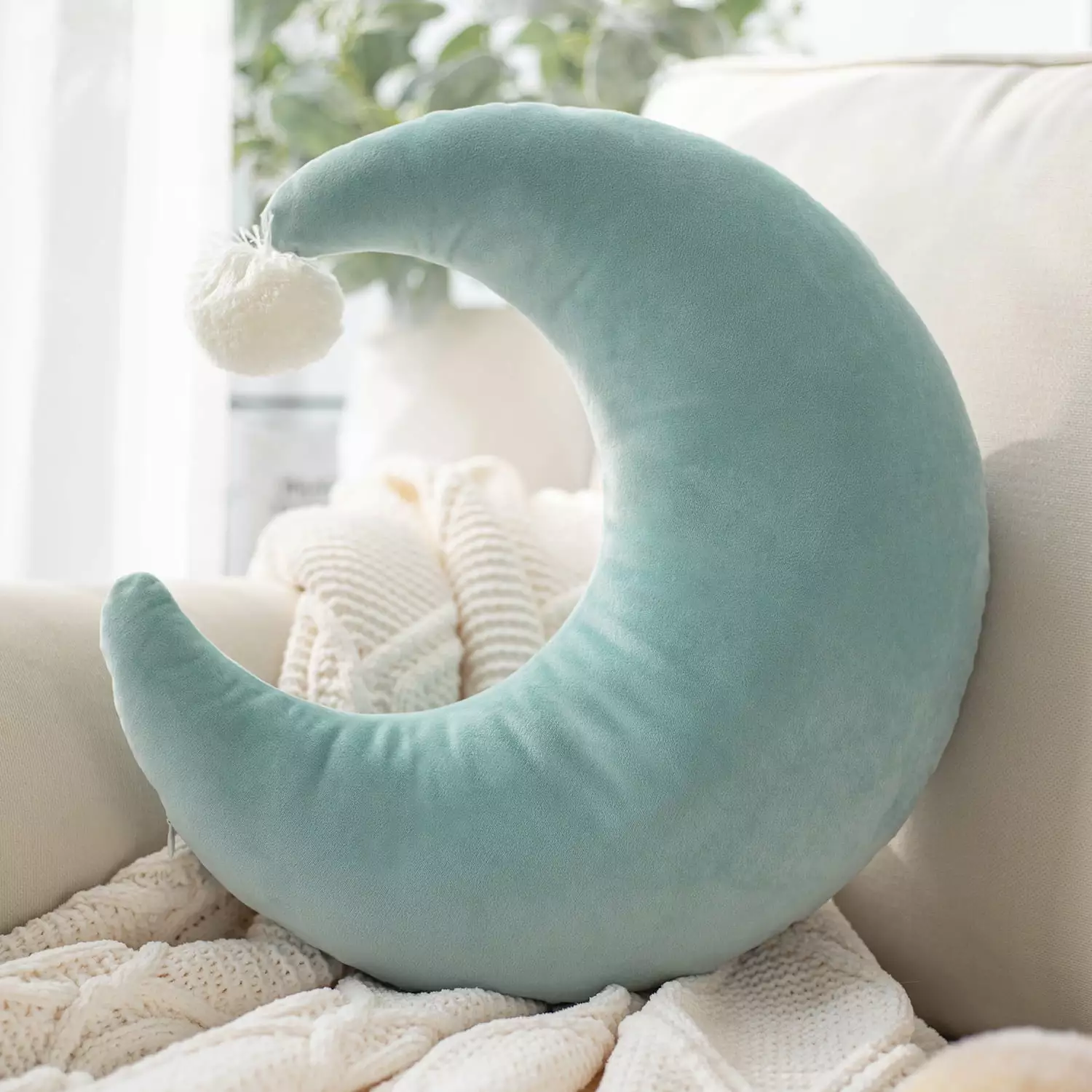 Phantoscope Kids Pillow Moon Shape Pom Pom Soft Velvet Series Decorative Throw Pillow 18 x 16