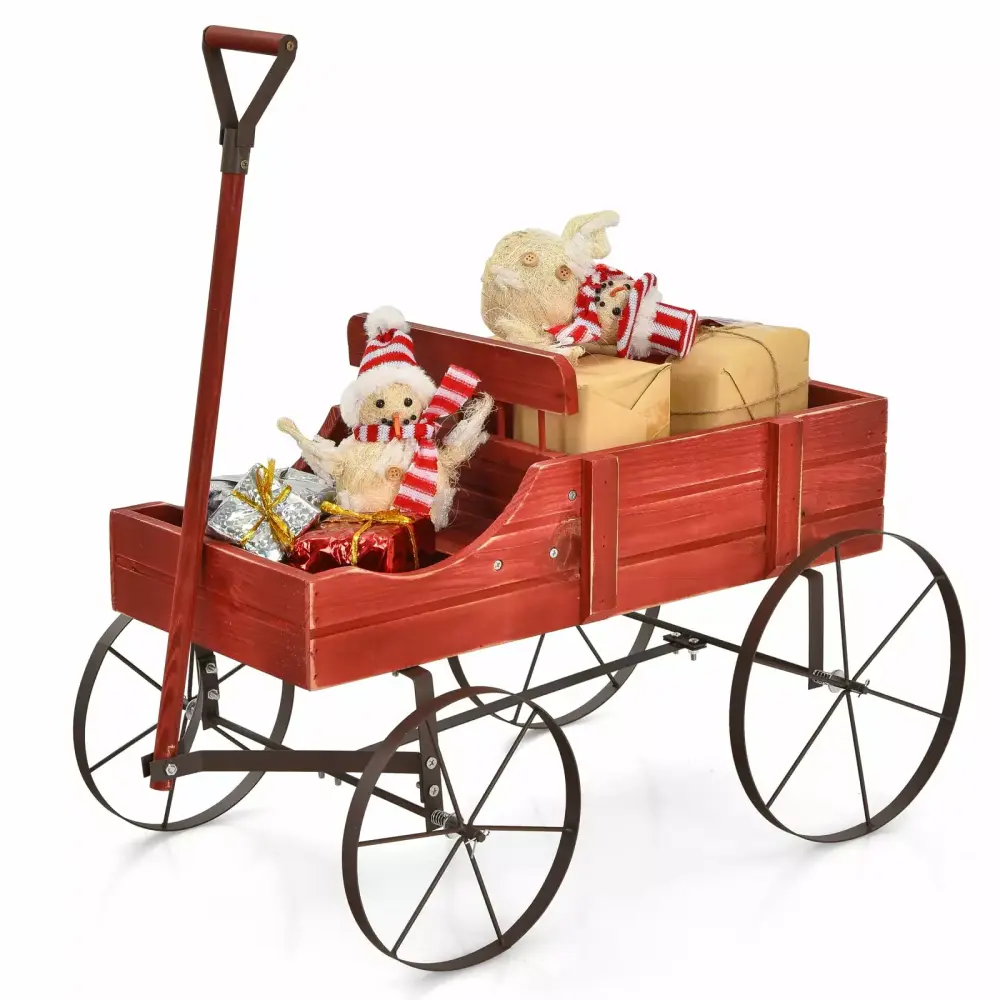 Topbuy Wooden Garden Flower Planter Wagon Wheel Plant Bed Decorative Garden Planter Backyard Garden Red