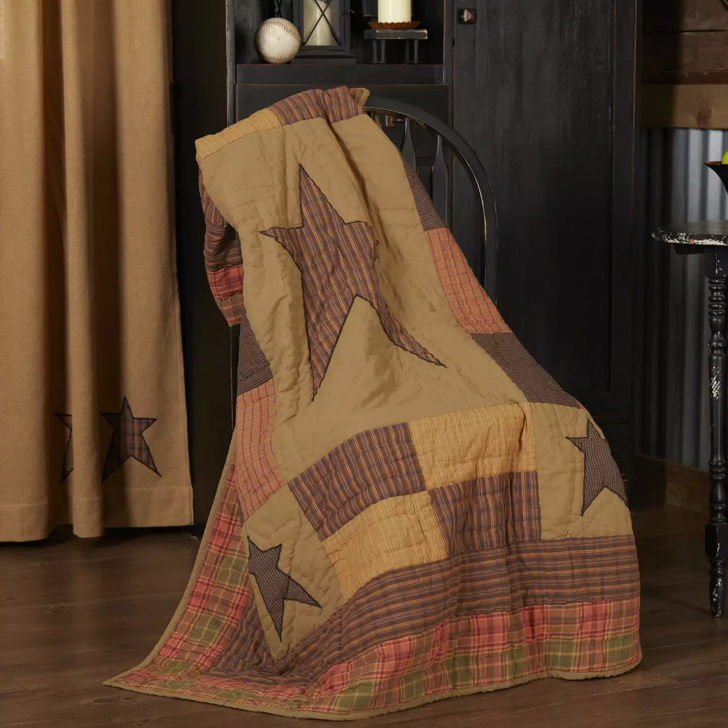 VHC Brands Stratton Primitive 60x50 Throw Tan Cotton Star Applique