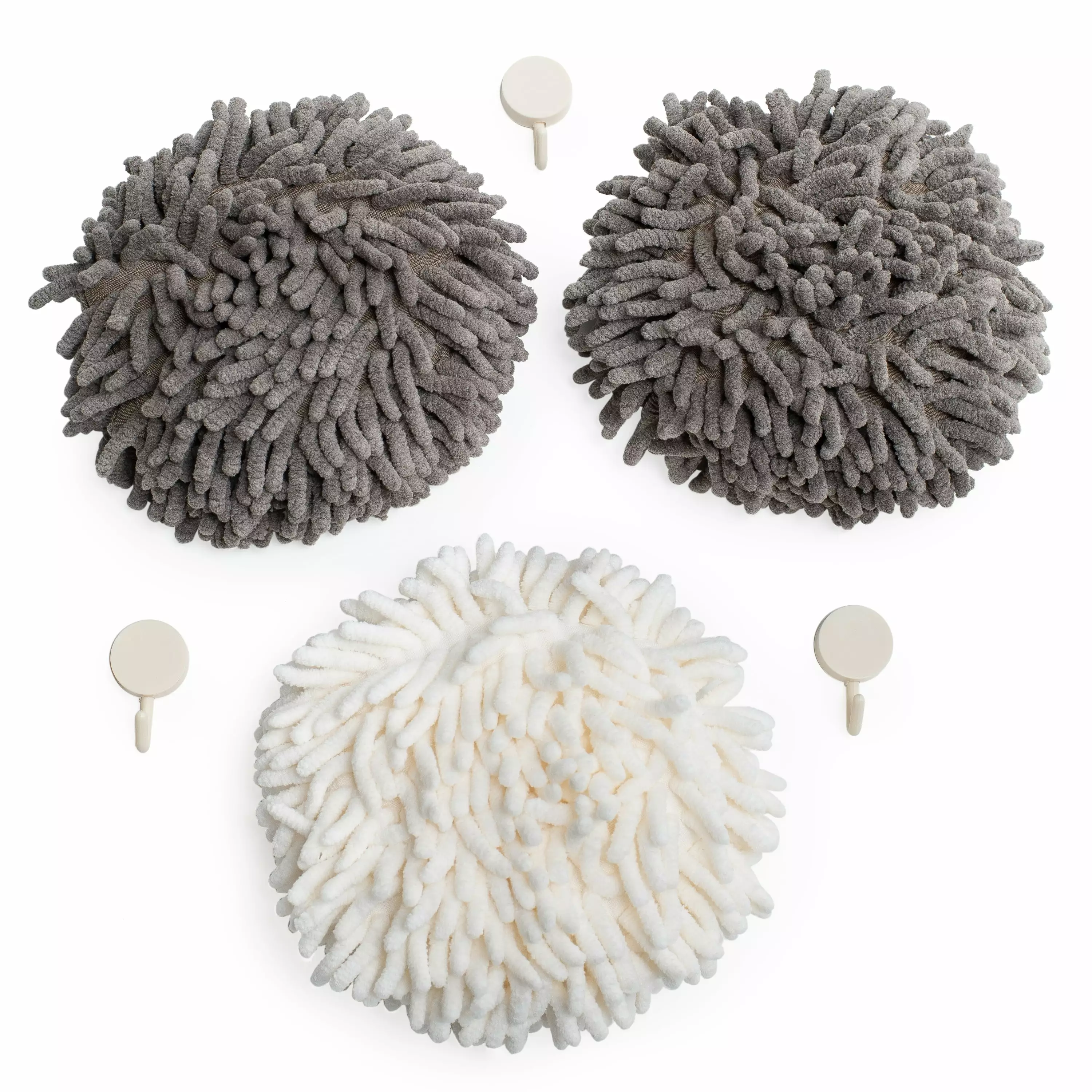 Fluffy Puffin's Fluff Ball Hand Towels Set 3 Wall Hook Attachments JJ Kent