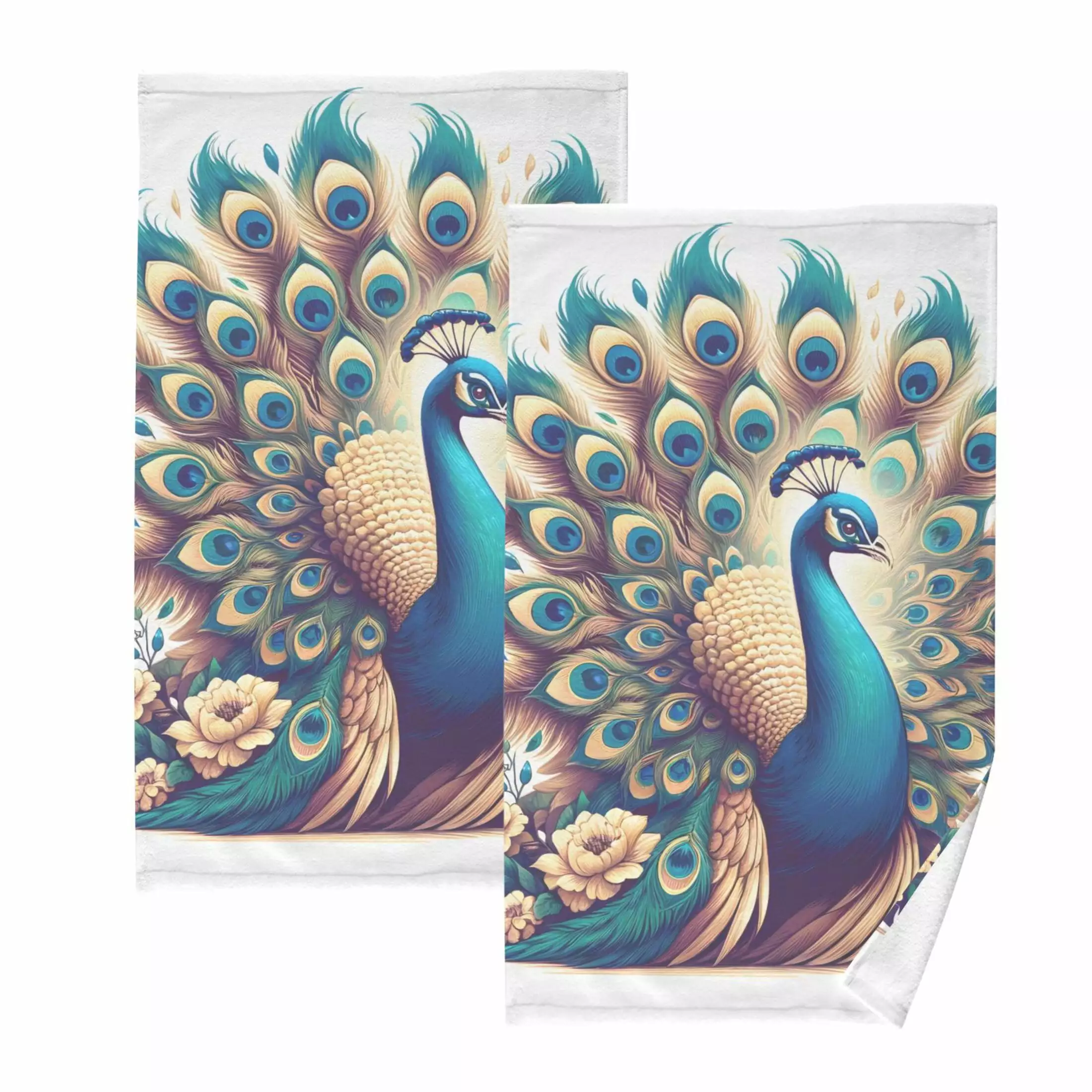 Beautiful Peacock 2 Pcs Hand Towel Set Cotton Absorbent Soft Face Towels 16x28 Inches OREZI