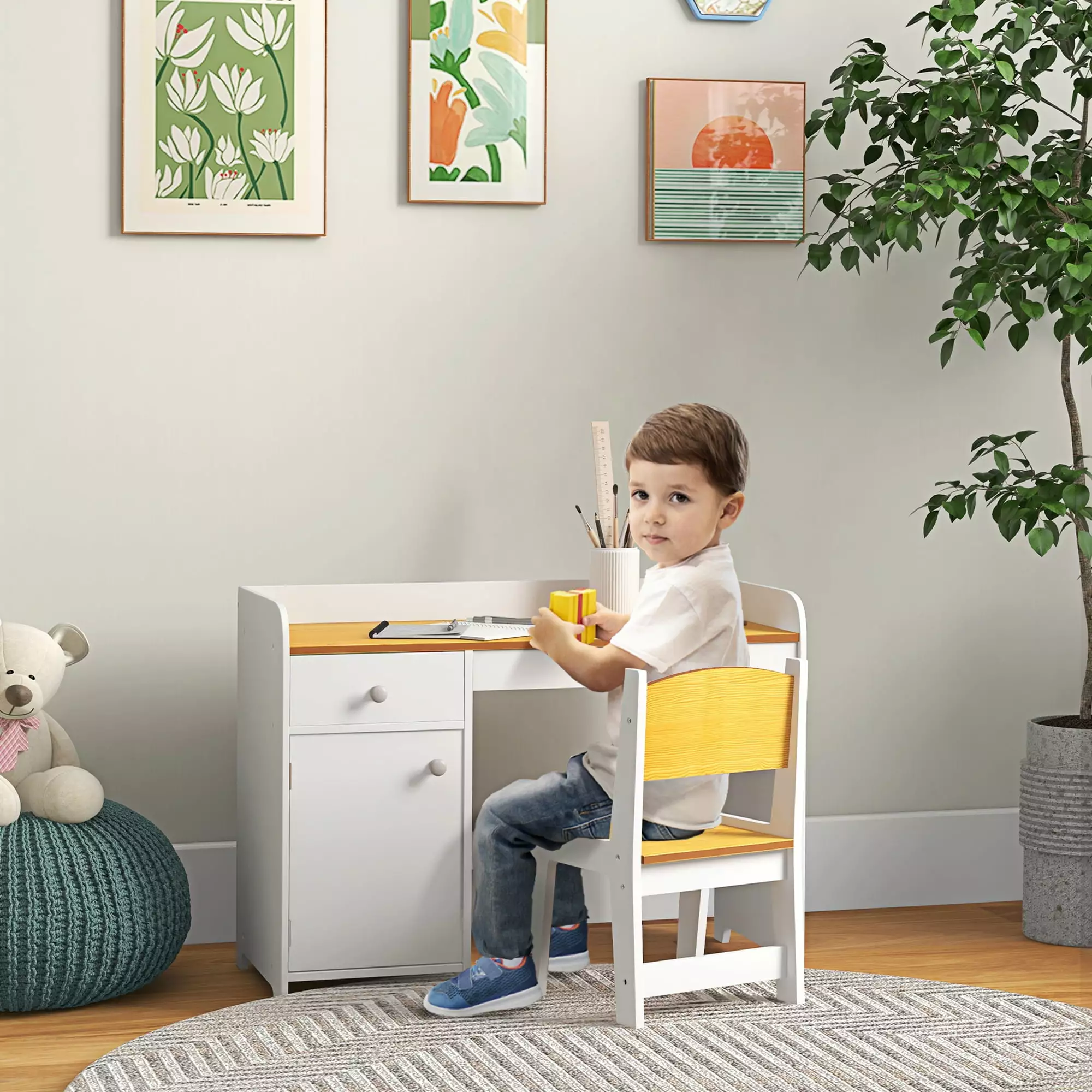 Qaba Kids Desk and Chair Set Storage Study Desk Chair White