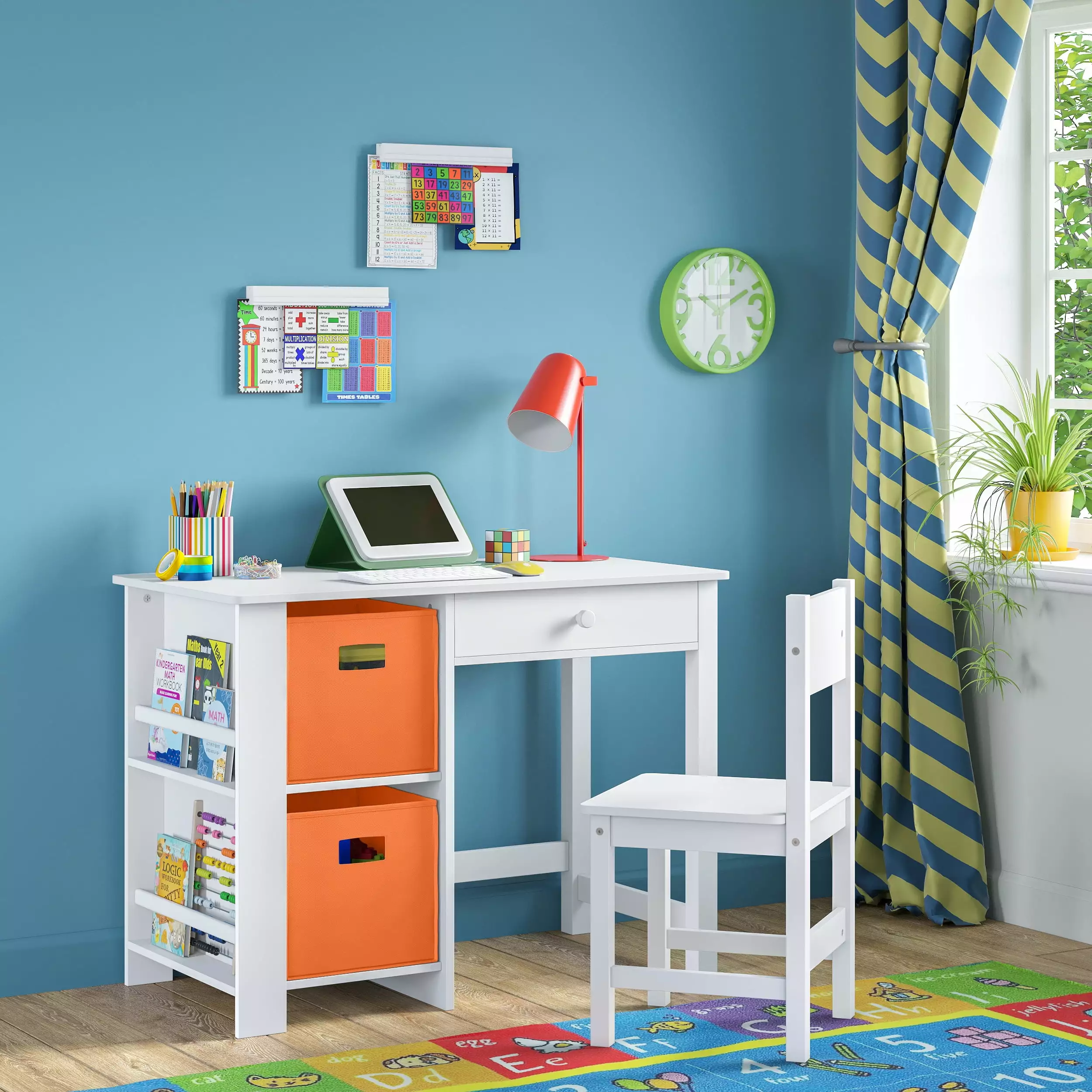 RiverRidge Kids Desk and Chair Playroom Set 2 Art Storage Cubbies and 2 Side Bookshelves White
