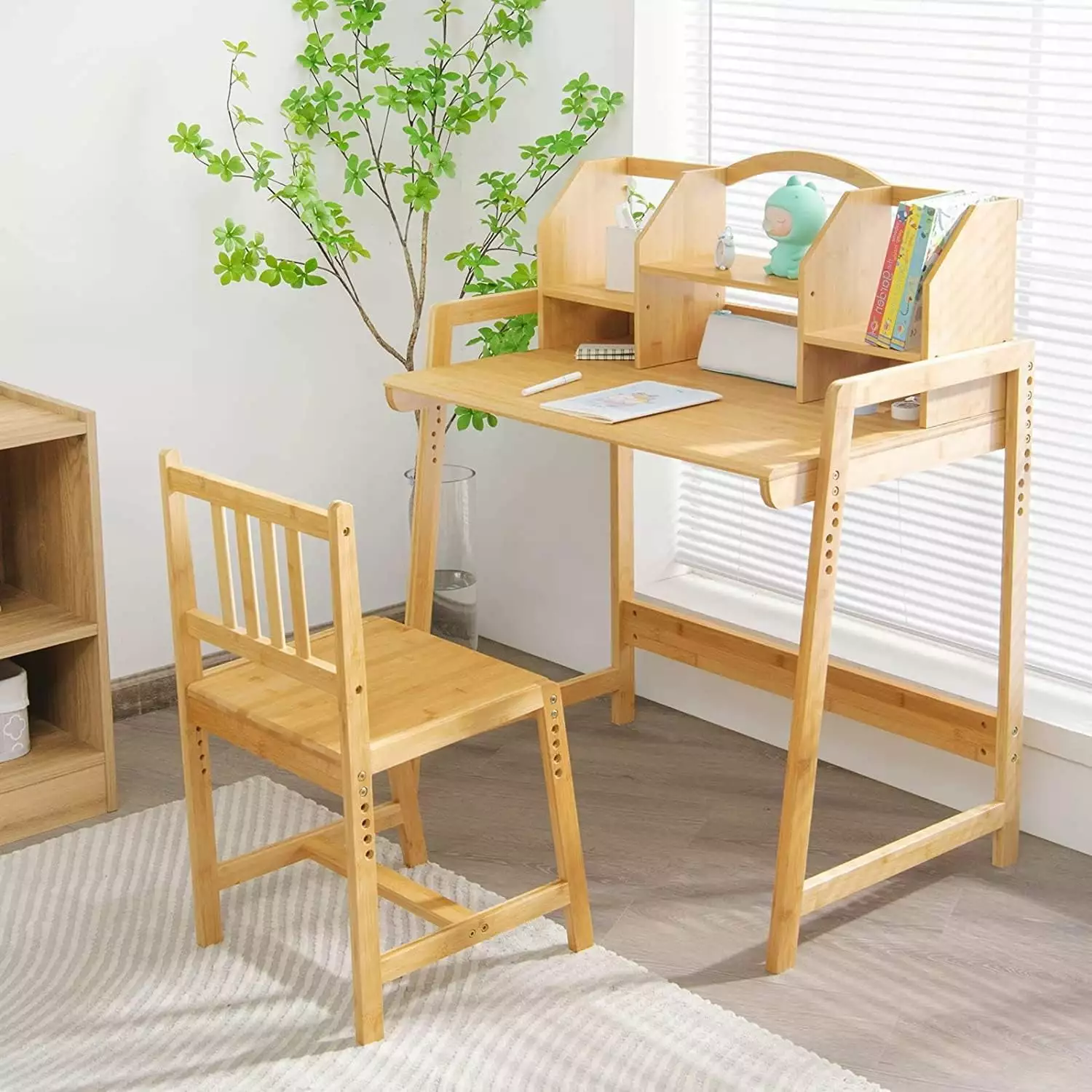 Bamboo Height Adjustable Kids Desk and Chair Set Children Desk Kids Study Table and Chair Set Nature 01 YoJoFHM