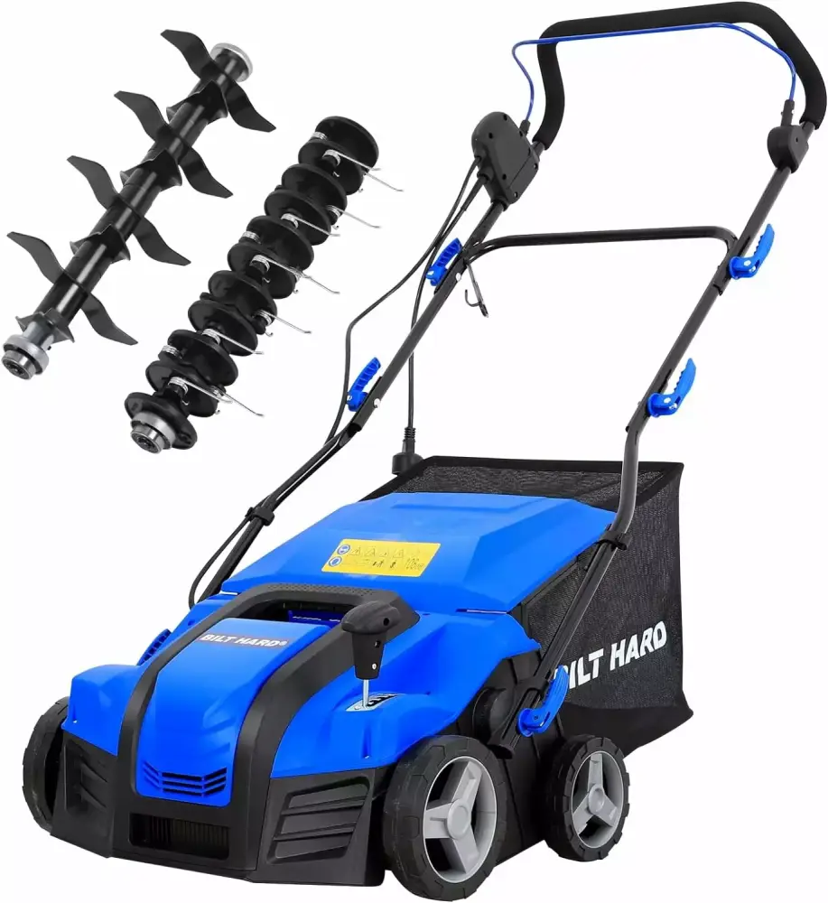 BILT HARD 16 Inch Dethatcher Scarifier Electric Powered 15 Amp Copper Motor 5-Position Depth Adjustment 14.5 gal Thatch Ba...