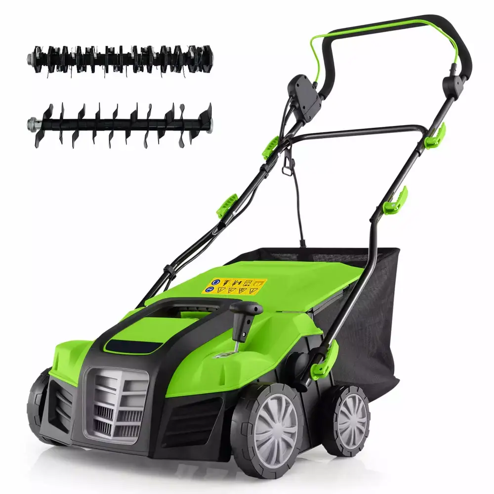 IRONMAX 16-Inch Electric Dethatcher & Scarifier 15A 2--1 Lawn Dethatcher Green