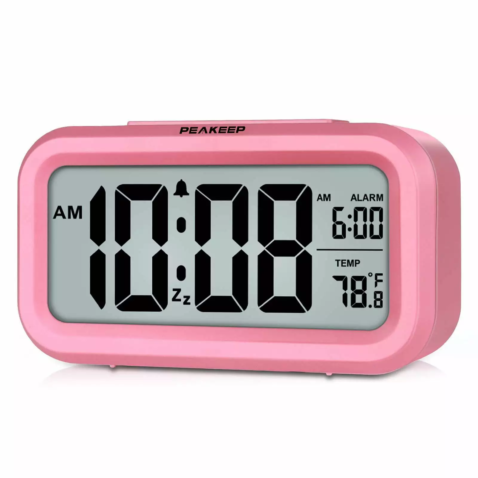 PEAKEEP Intelligent Night Light Digital Alarm Clock Indoor Temperature Battery Operated Desk Small Clock Pink