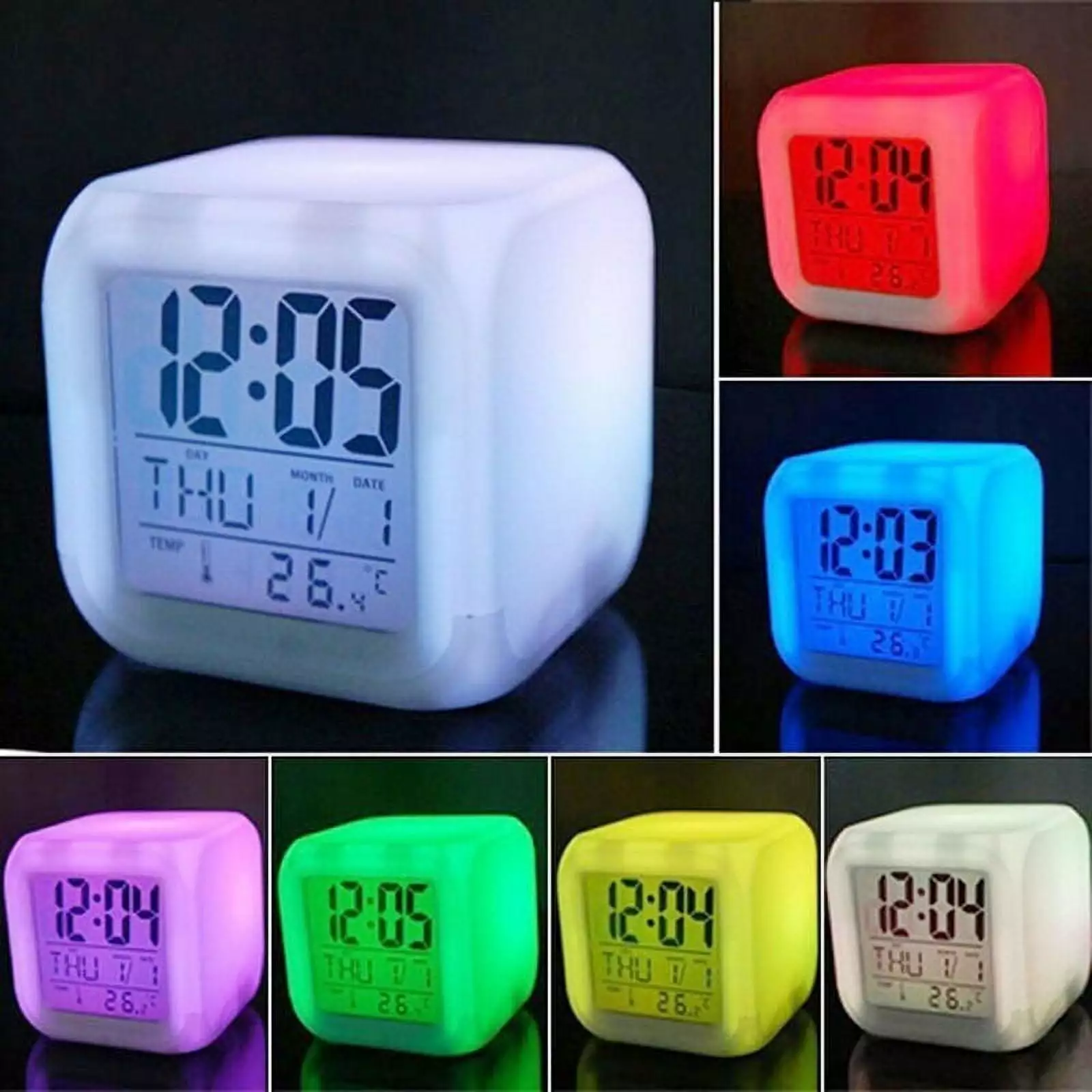 Digital Alarm Thermometer Night Glowing Cube 7 Colors Clock LED Change LCD Bedroom Child Random Cover Pattern Style Topbou...