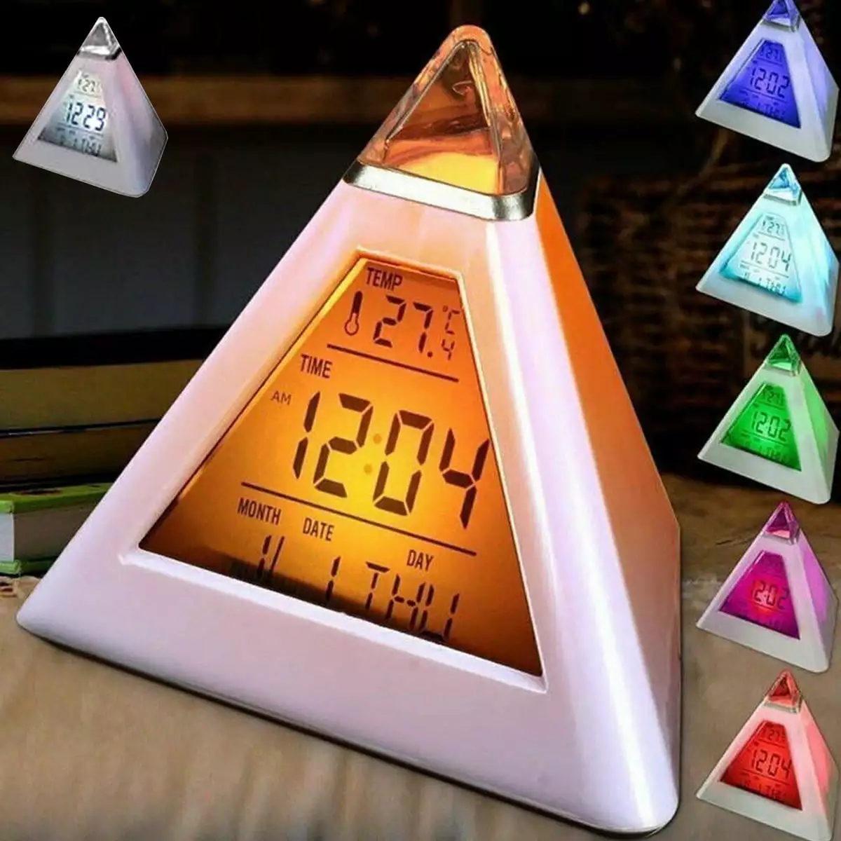 Tzgsonp Digital LED Alarm Clock 7 Colors Changing Night Light Time Temperature Display Pyramid Shape Desk Clock