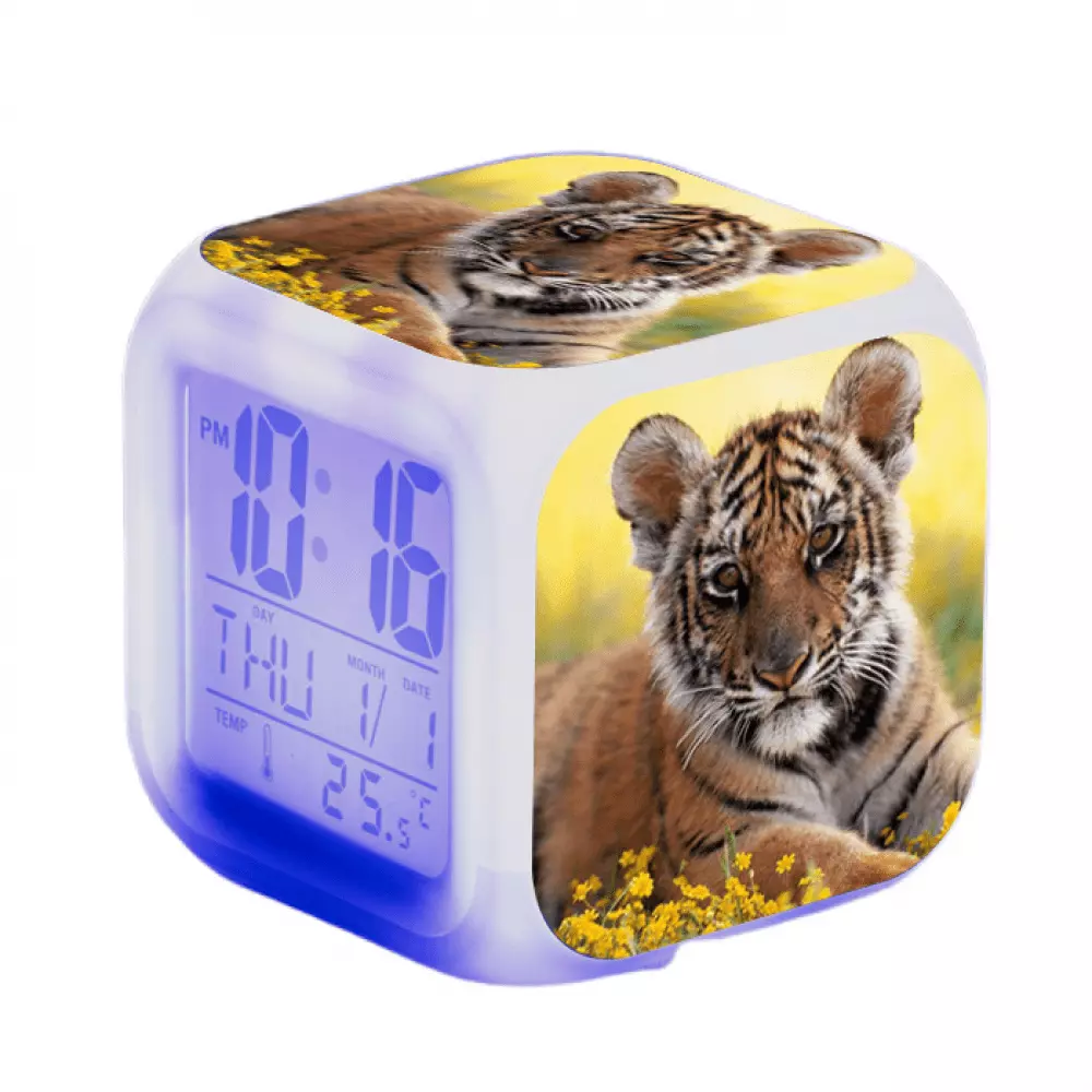 XIHAMA Digital Alarm Clock LED Display 3 Sided Tiger Pattern Soft Nightlight Ascending Sound