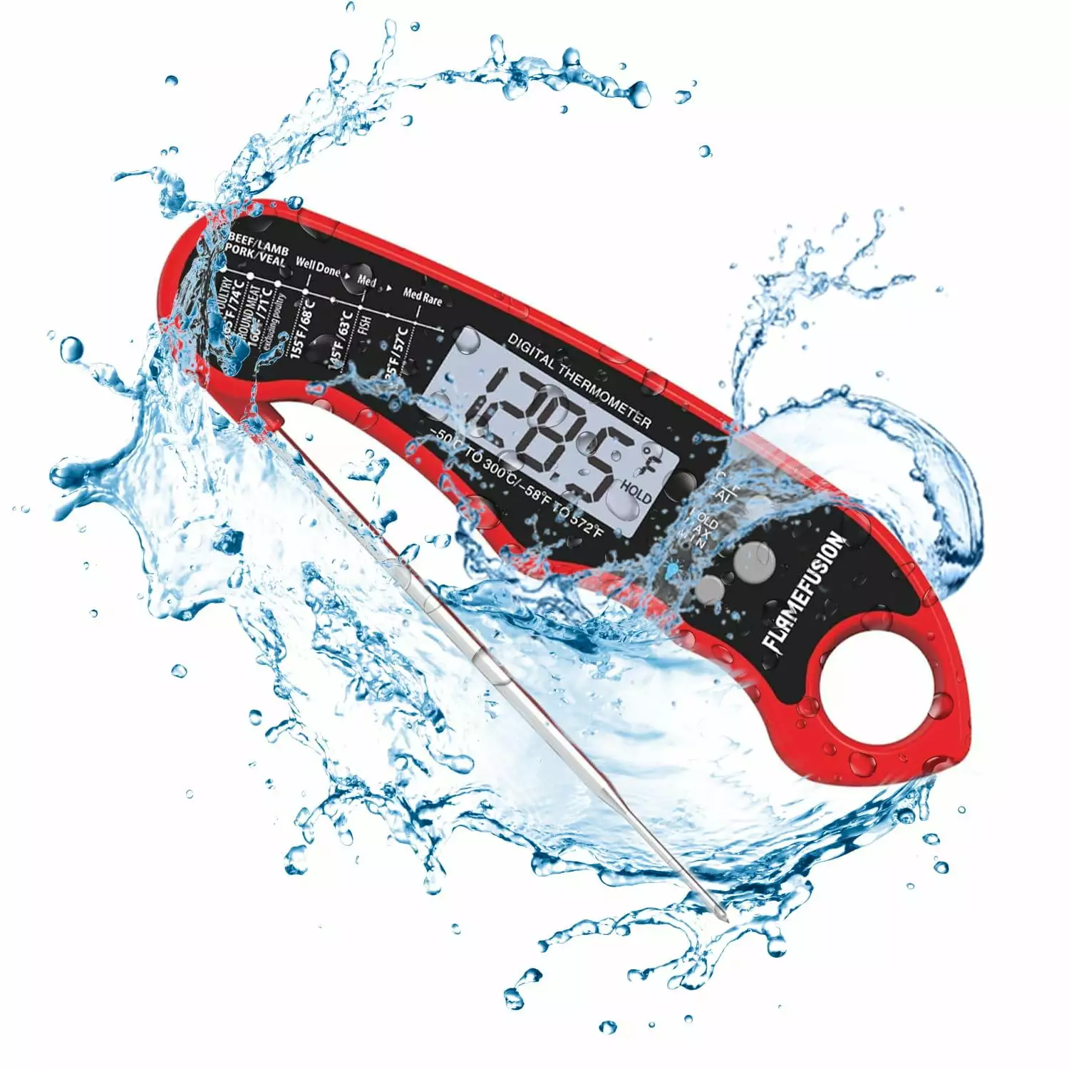FlameFusion Digital Thermometer Grilling Waterproof Ultra-Fast Instant Read Food Thermometer Backlight